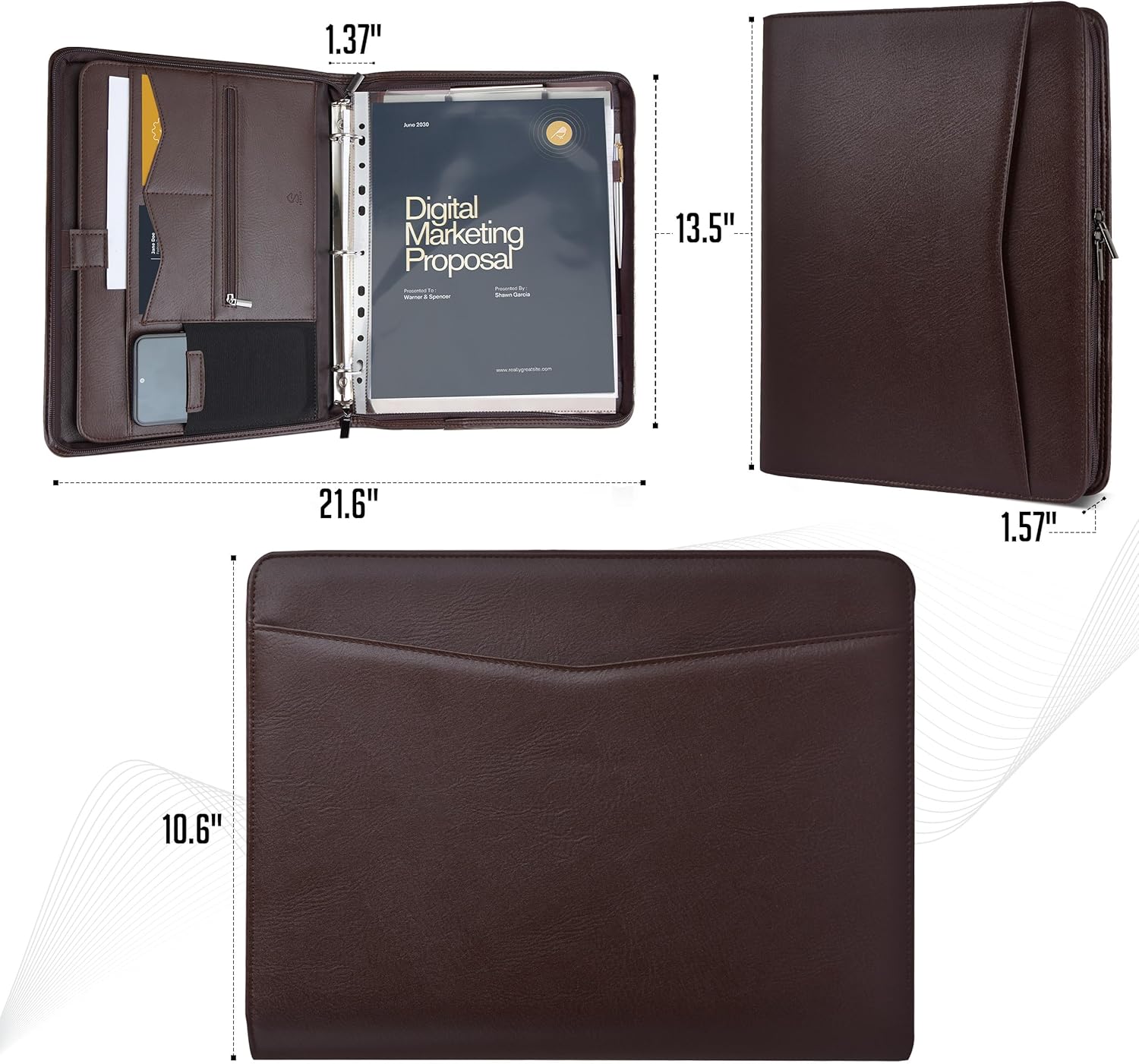STYLIO Zipper Portfolio | Padfolio 3 Ring Binder (1") and Clipboard Folio (Removable) | Portfolio Organizer for Documents, Tablet, Phone |Faux Leather Binder for Men and Women | Walnut (Brown) Color