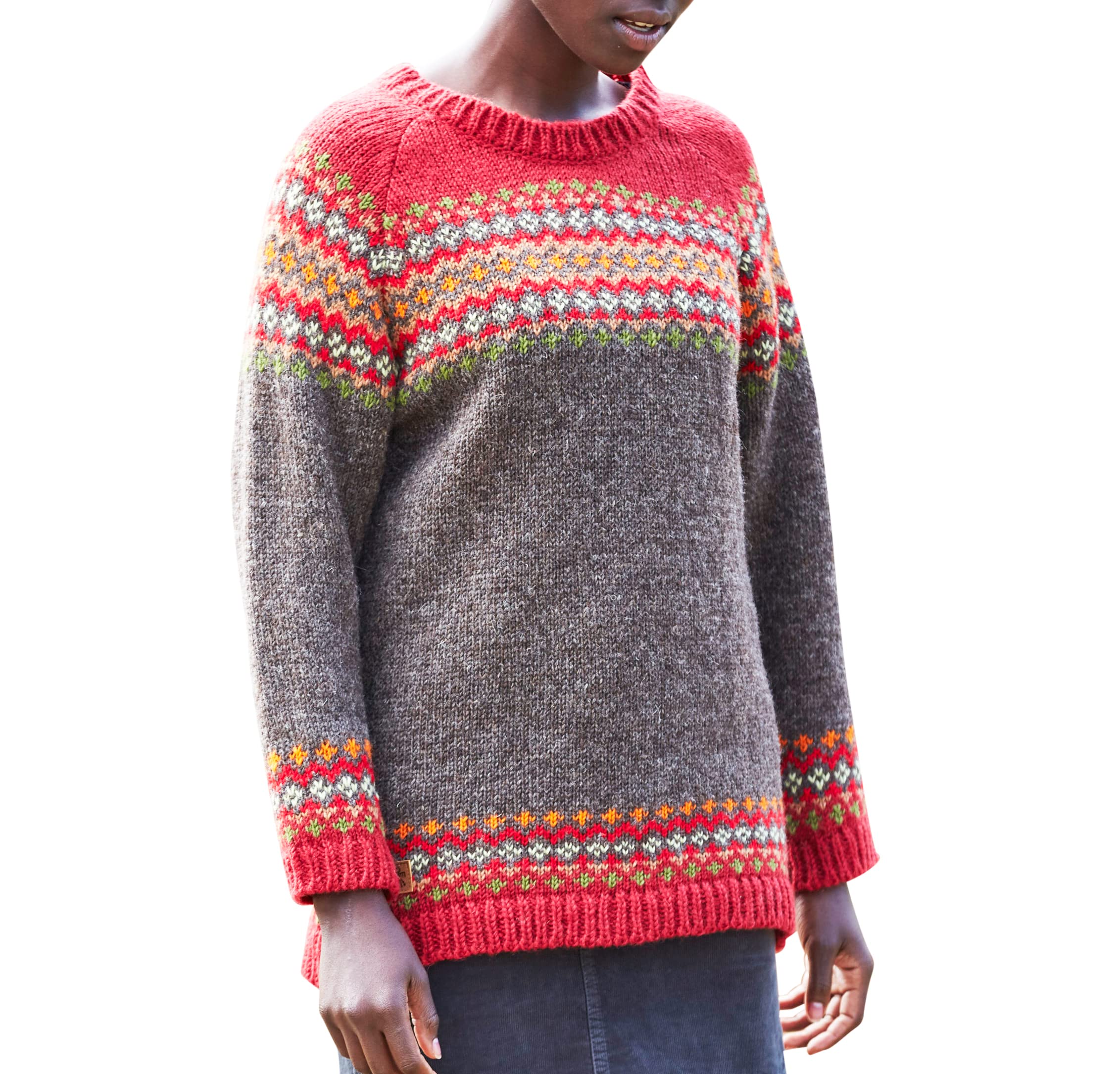 Pachamama Women's Burgundy Wool Jumper Handknitted Fair Isle Natural Colours Handmade Extra Warm Sweater Fair Trade (Med Uk 12-14, )