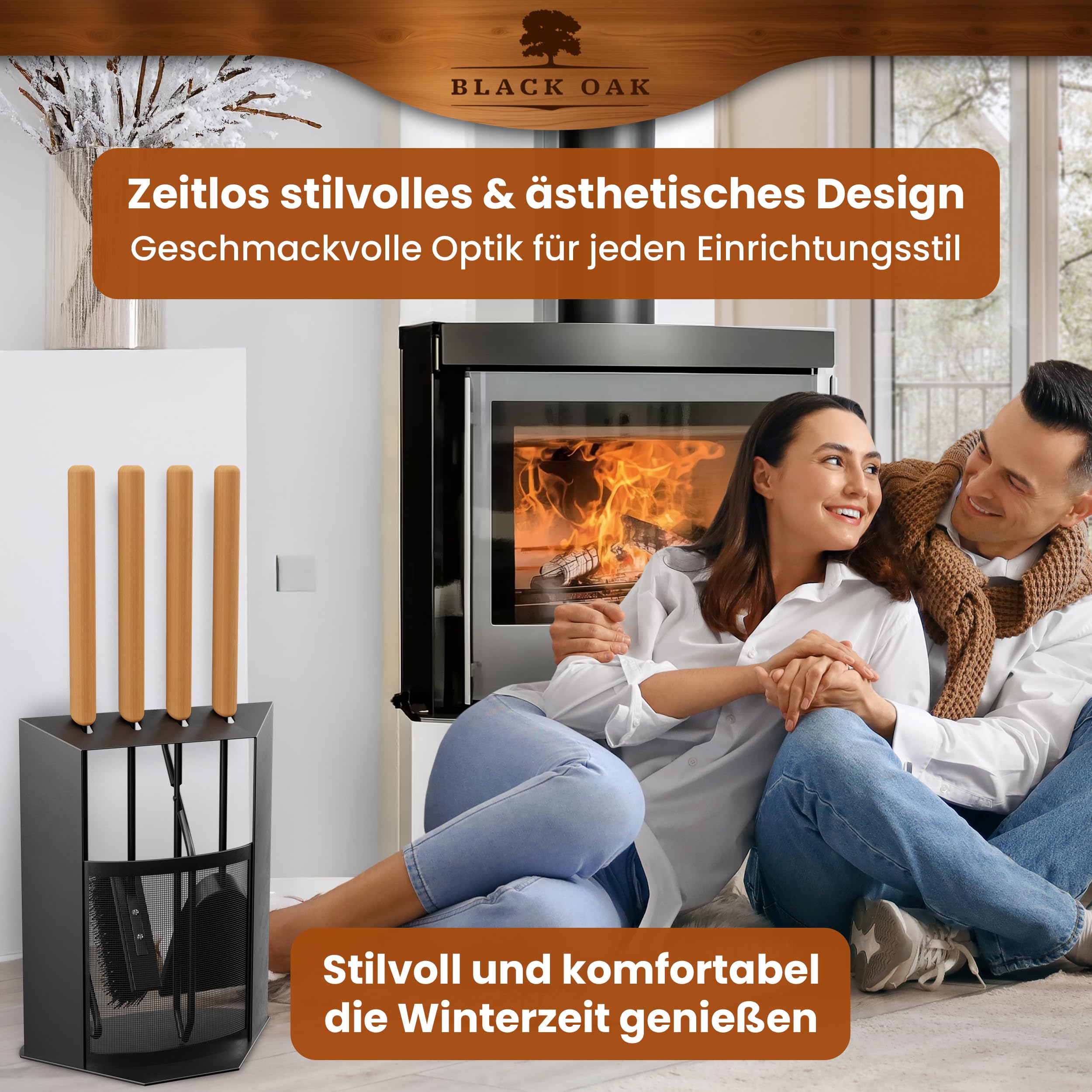 BLACK OAK Kaminbesteck DAVOS 5-teilig - edles & dekoratives Ofenbesteck Set schwarz mit Holzgriff 5 teilig Ständer + Kaminzange Schürhaken Ascheschaufel Kaminbesen Stahl Kaminzubehör Besteck für Ofen