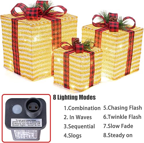 Miniatura 6 de Sunnyglade Juego de 3 cajas de regalo iluminadas de Navidad de 10 a 8 a 6 pulgadas, cajas de decoración con enchufe, lazos, hojas de pino