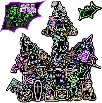 50 Pcs Neon Halloween Stickers for Adults Glow in The Dark, Waterproof Sticker for Water Bottle, Vinyl Laptop Decals for Teens, Students Classroom Prizes Sticker Pack