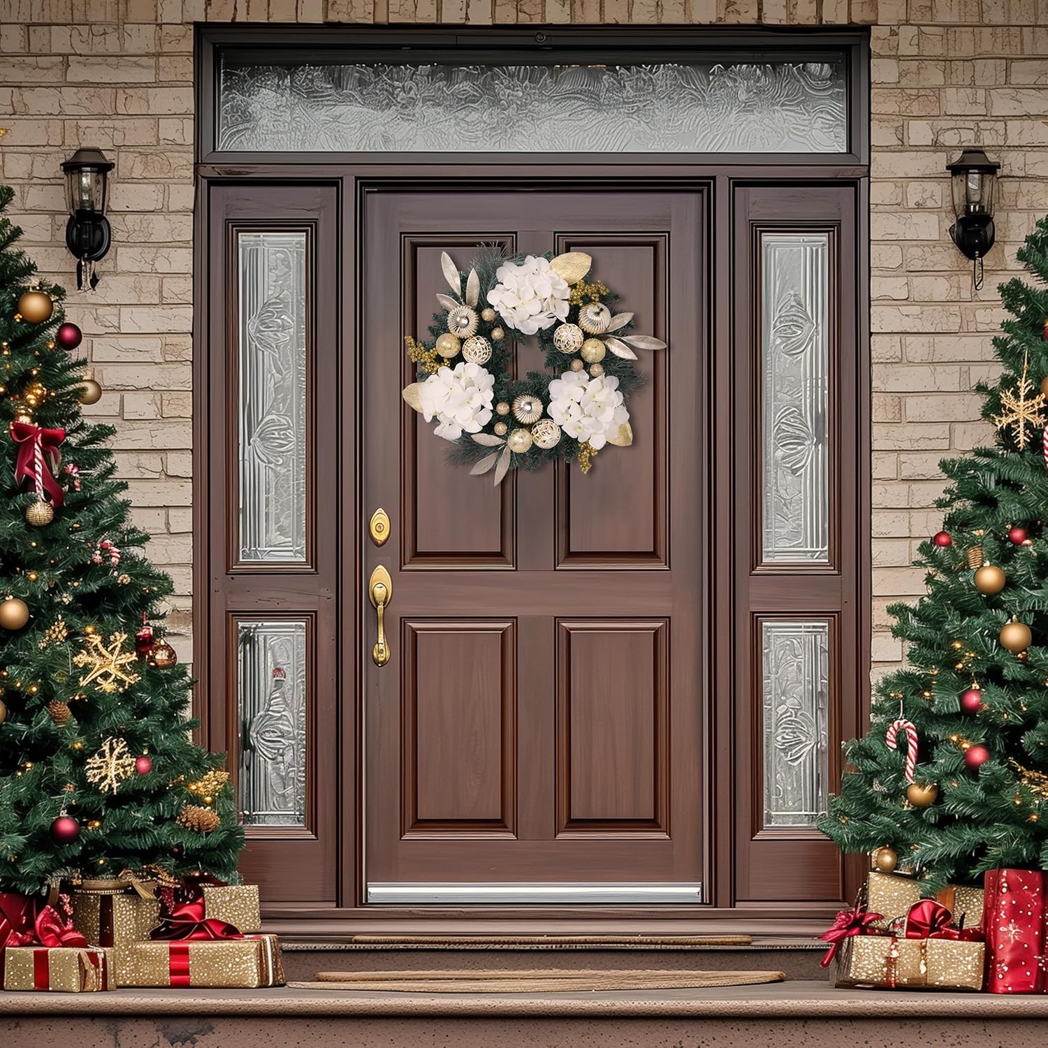 Valery Madelyn 20'' Pre-Lit Christmas Wreath for Front Door with Lights, Lighted Christmas Door Wreath Decorations with Magnolia White Gold Xmas Ball for Home Porch Fireplace Window Holiday Decor