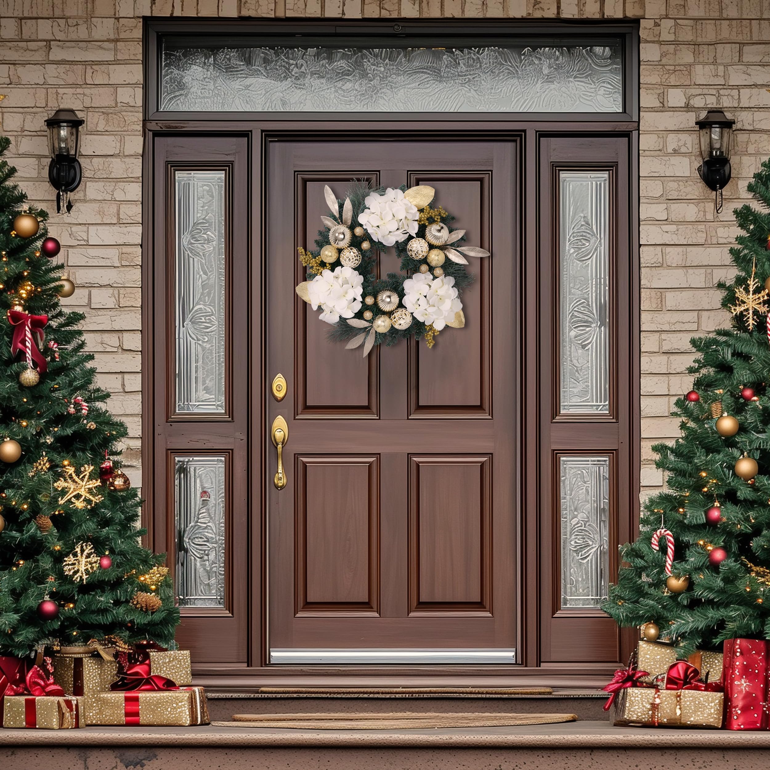 Valery Madelyn Couronne de Noël pré-éclairée pour porte d'entrée avec lumières, grande couronne de Noël de 61 cm avec boules de Noël blanches et dorées pour cheminée, fenêtre, table d'extérieur,