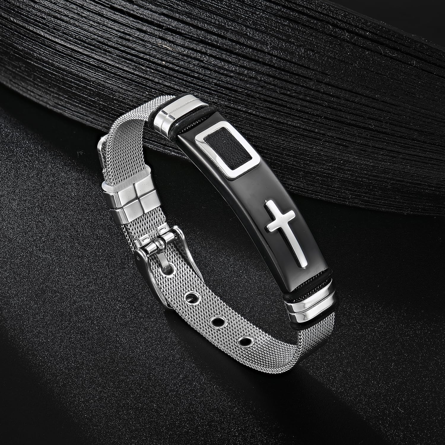 Holy Cross Bracelet for Men,Stainless Steel Black/Silver Vintage Chain Band Bangle Wrist Religious Christian Adjustable Bracelet Jewelry Gifts for Husband Dad Brother - Image 3