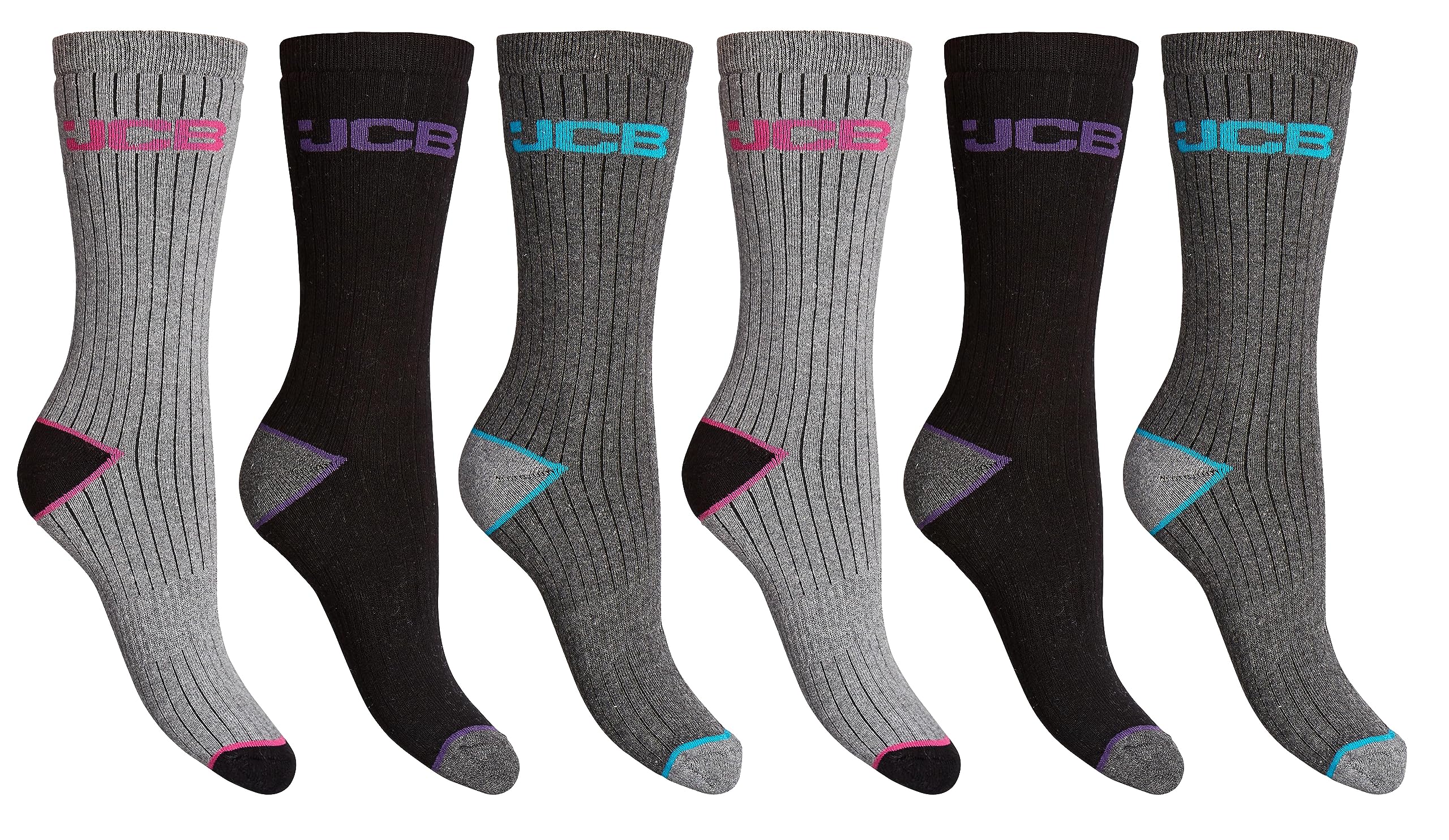 Jcb Women's 6 Pair Pack - Outdoor Activity Socks - 3 Pack - Assorted Grey - Uk 4-7 Eur 37-41 - Long Work Socks (6 Pair Pack)