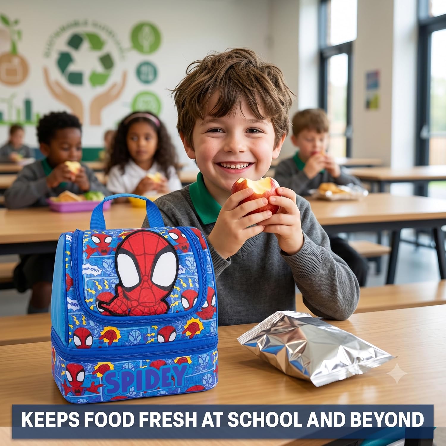 Get Trend Marvel Spidey and His Amazing Friends Insulated Lunch Bag | Dual Compartment, Reusable Kids Snack Bag, Zipped Cooler Bag with Handle and Strap for School, Picnic, Travel Gifts for Boys