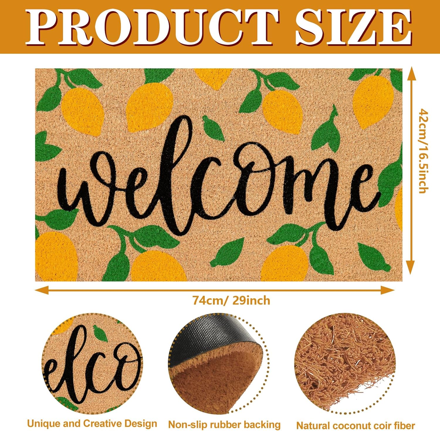 JarThenaAMCS Lemon Natural Coir Door Mat Yellow Summer Lemon Welcome Floor Mat Non-Slip Entrance Door Rugs for Indoor Outdoor Home Bathroom Decor, 16.5 x 29 Inch