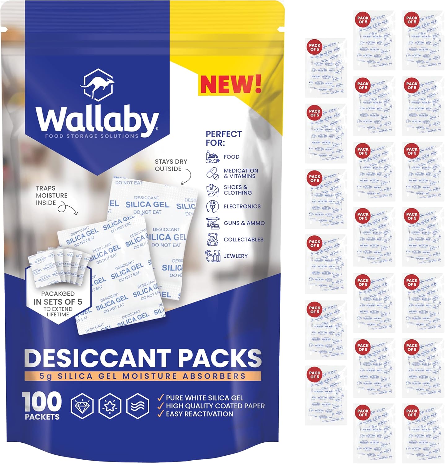 Wallaby 5 gram (100 Packets) Food Safe Pure White Silica Gel Desiccant