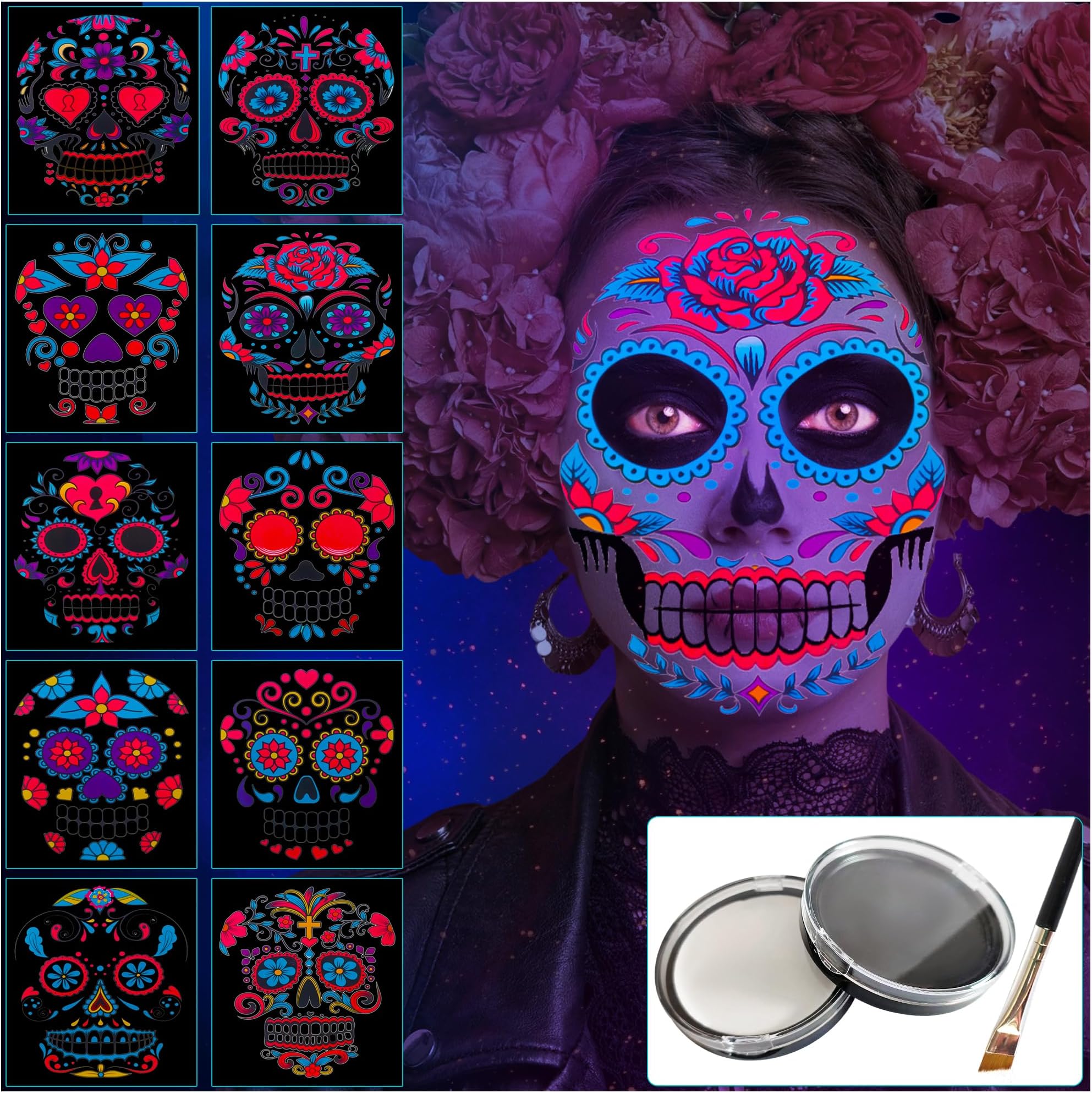 Jim&Gloria Black and White Face Paint with Brush, Waterproof Day of the Dead Tattoo Professional SFX Makeup Kit for Joker, Clown, Mime, Cosplay, Costume Skull Skeleton, Sports Body Painting Set