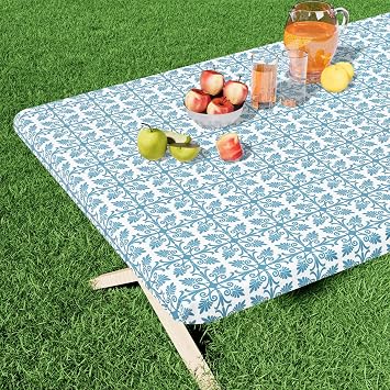 misaya Rectangle Vinyl Table Cloth, Elastic Fitted Flannel Backed Tablecloth, 100% Waterproof Plastic Table Cover Fits 6 Foot Folding Tables for Picnic, Camping, Outdoor Aqua, 30" x 72"