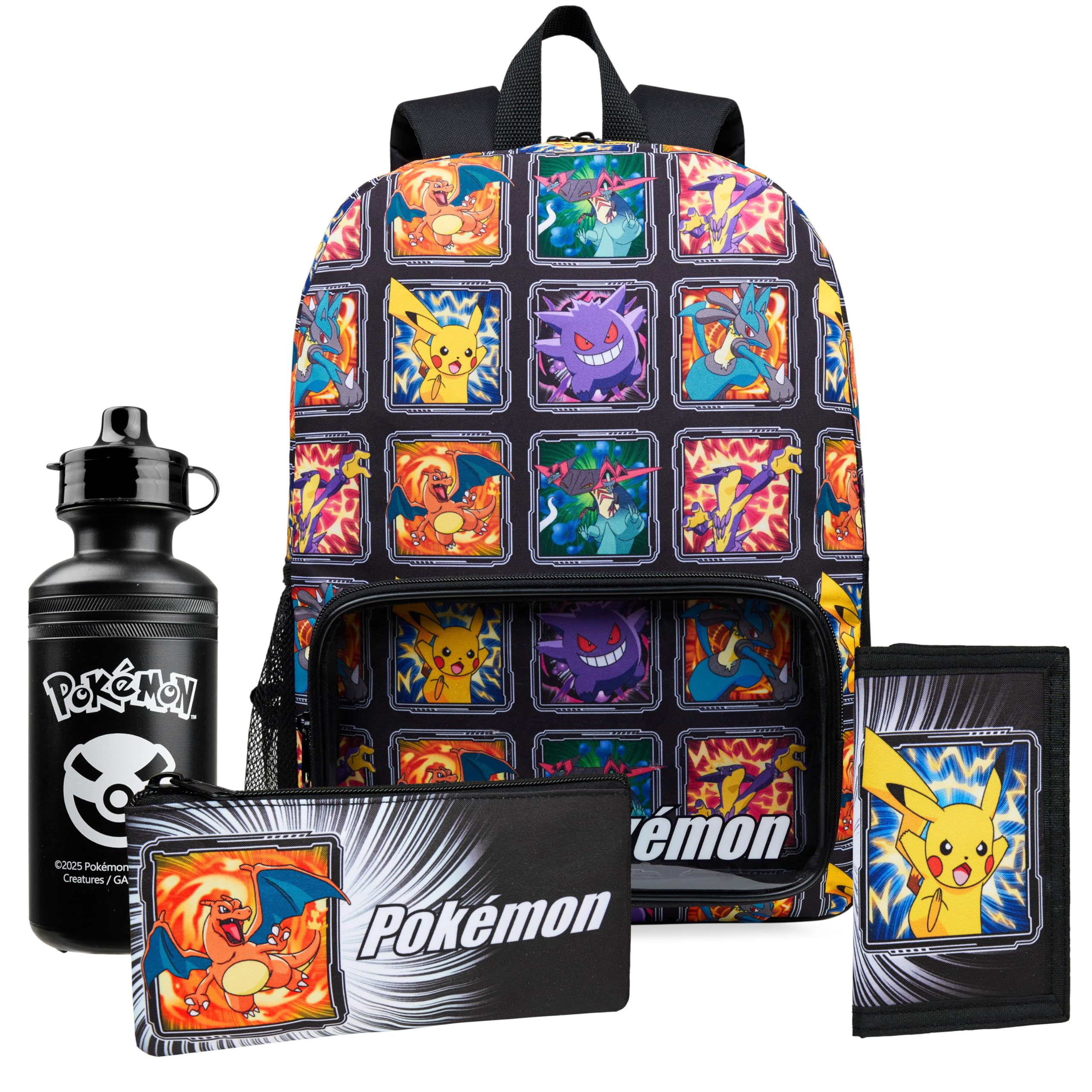 Pokemon Backpack Set 4 Pcs for Kids with Backpack Water Bottle Pencil Case Lunch Bag or Wallet Anime School Supplies Gifts (Multi 4 Pcs Set)