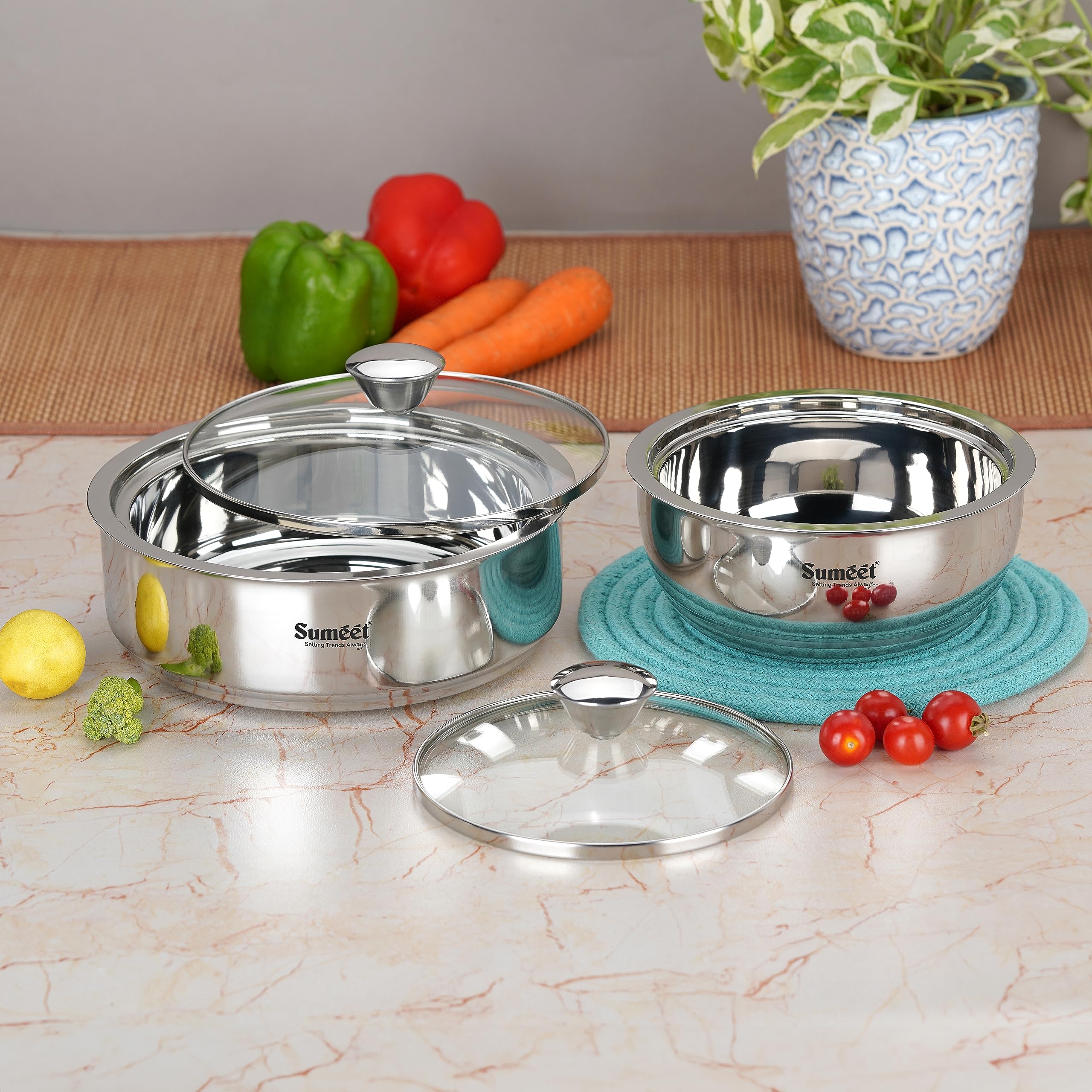 Sumeet Smart Serve - Set di 2 pentole isolanti in acciaio inox per sabji/sugo e roti/chapati da 1 l ciascuno, colore: argento