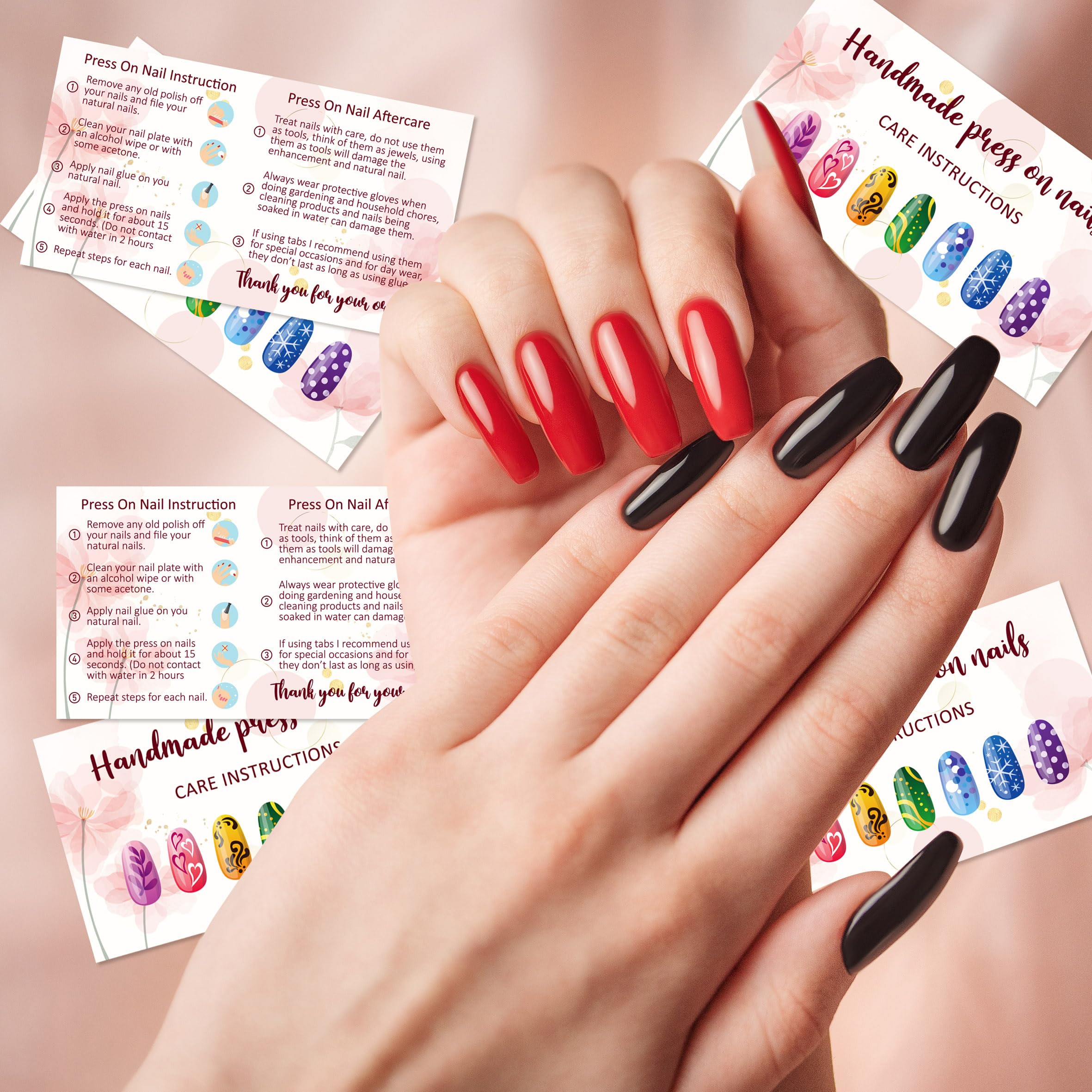 YHNTGB 240 Pcs Press On Nail Cards 2x3.5 Inch Aftercare Instructions DIY Kit with Application and Removal Tips Manicure Supplies for Home and Business