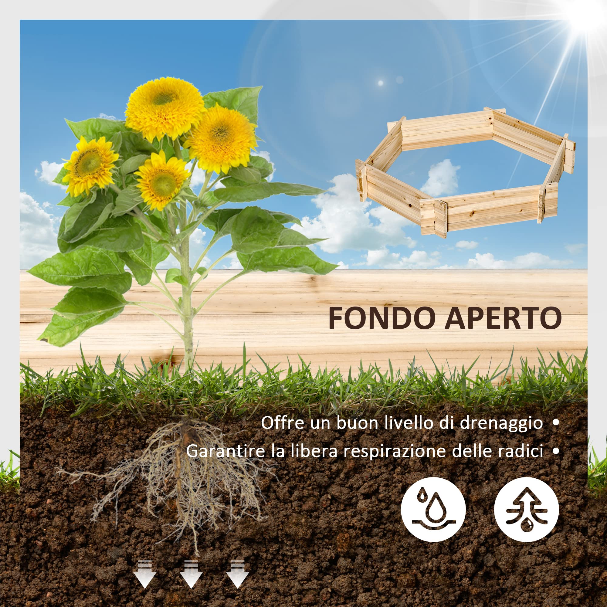 Outsunny Letto per Orto e Giardino, Fioriera da Esterno Esagonale Senza Base, Montaggio Senza Viti, Legno di Abete, 100x92x16cm