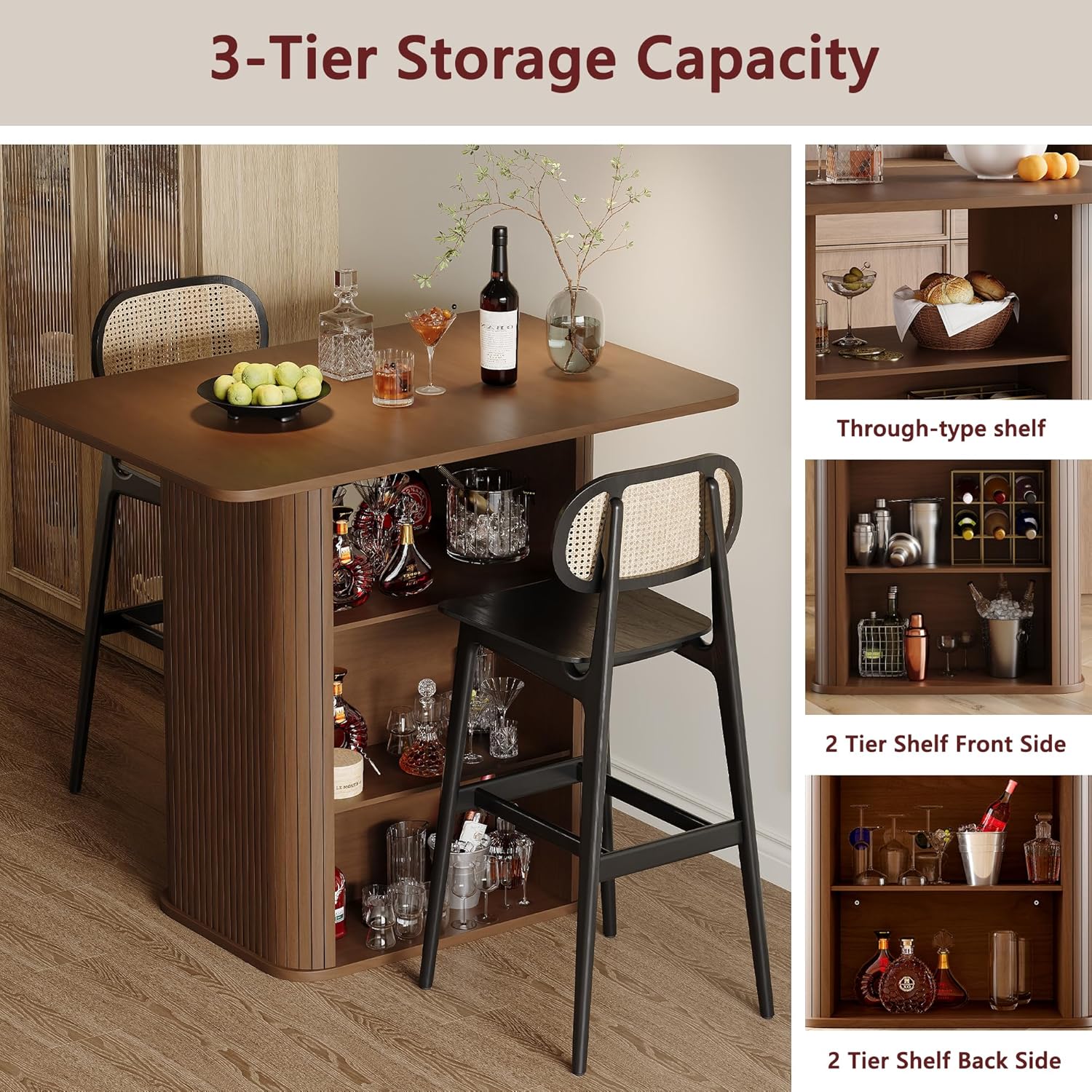 Kitchen Island with Storage, 3-Tier Farmhouse Small Counter Height Island Table, Rustic Wood Coffee Bar Table for Dining Room Kitchen