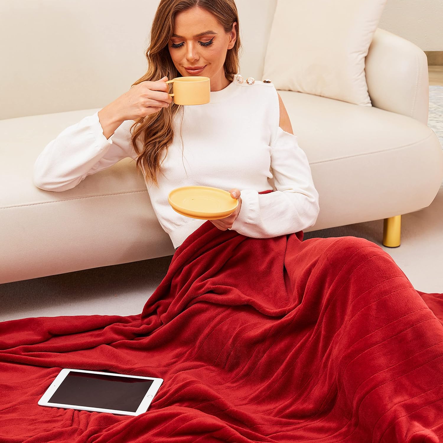 DUODUO Heated Blanket 62x84'' Twin Size with 4 Heating Levels 10 Hours Auto-Off Electric Throw in Cozy Plush Fabric Reversible for Home Bedding Couch- Cherry Red : Home & Kitchen