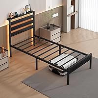 Vista 7 de Base de cama tamaño individual con estación de carga USB, marco de cama LED con cabecera de almacenamiento de madera, cama de plataforma de metal