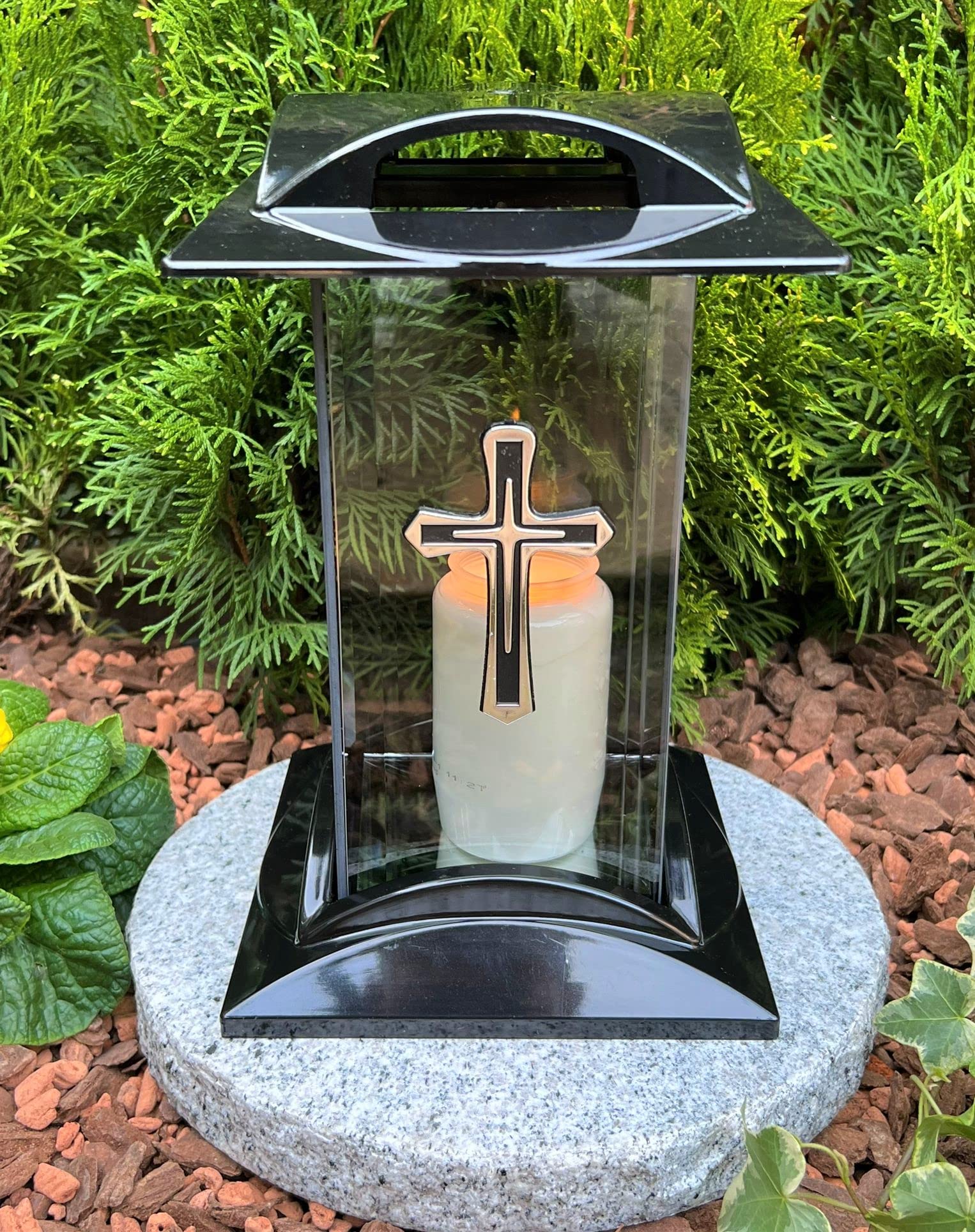 Lampada da tomba con motivo a croce, candela funerale, 27 cm, decorazione per tomba, con candela senza base.