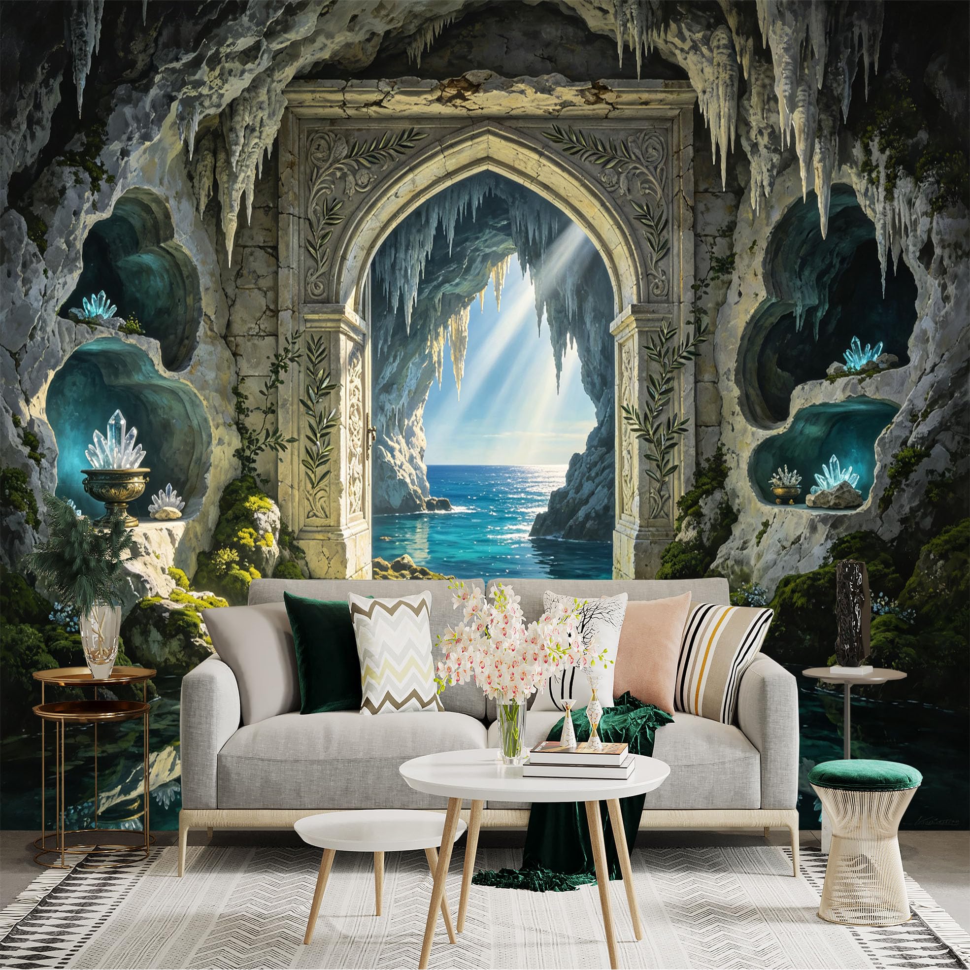 Custom Size Wall Sticker Mural， Fantasy Cave Archway， Crystal Grotto， Ocean View， Sunlight Reflection， for wall Decoration， peelandstick wall Decals.