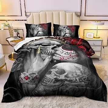 3D Red Flowers Girl Sugar Kiss Skull Comforter Set 3PC Kids Women Men | 3PC comforter set, 3D Red Flowers Girl Sugar Kiss Skull design with Gothic crown skeleton, for kids women men