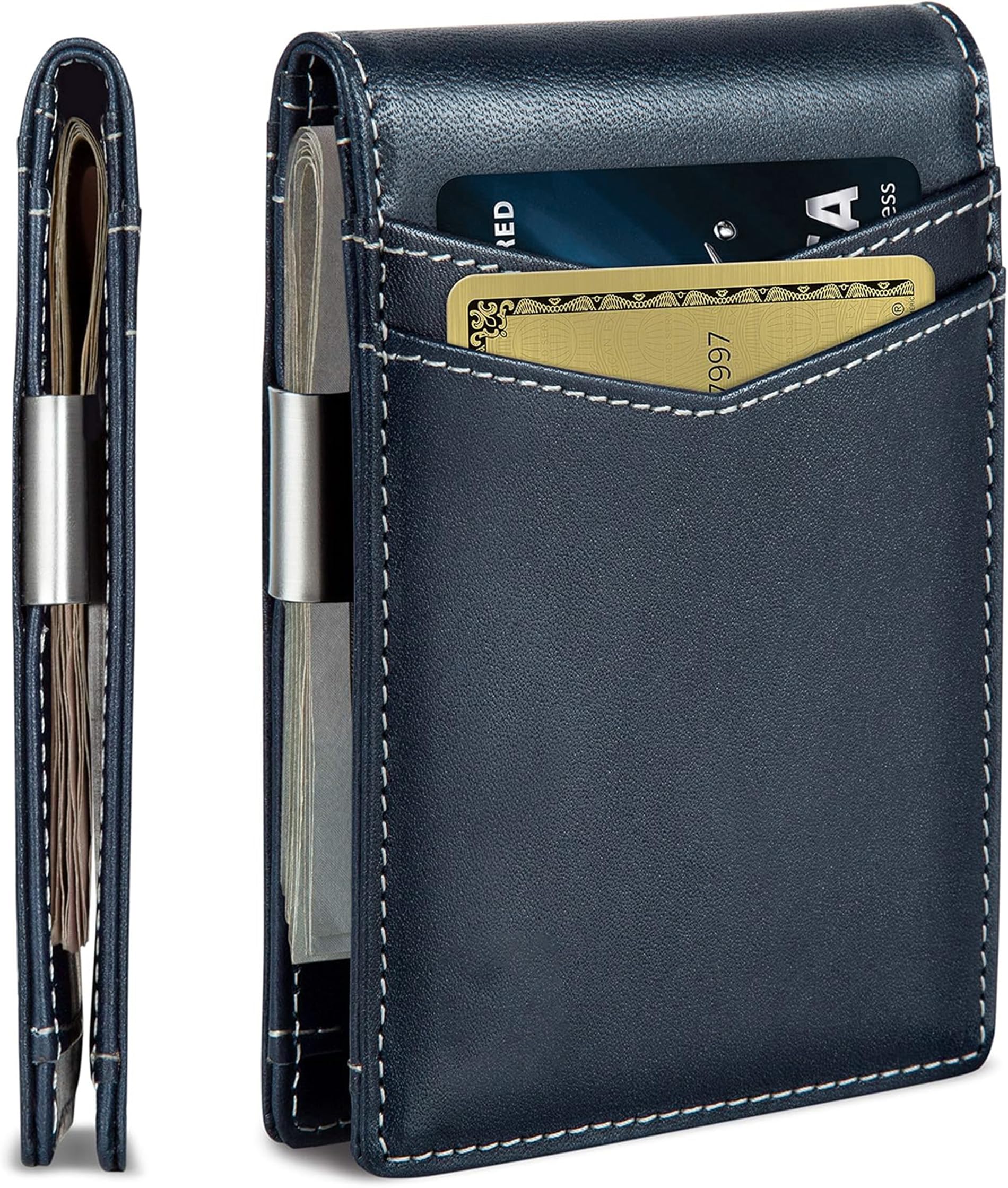 Genuine Leather Money Clip Wallet Slim Front Pocket RFID Blocking Card Holder Minimalist Mini Bifold for Men's | Up to 11 Card Slots Including 1 ID Window & 1 Bill Compartment (Blue)