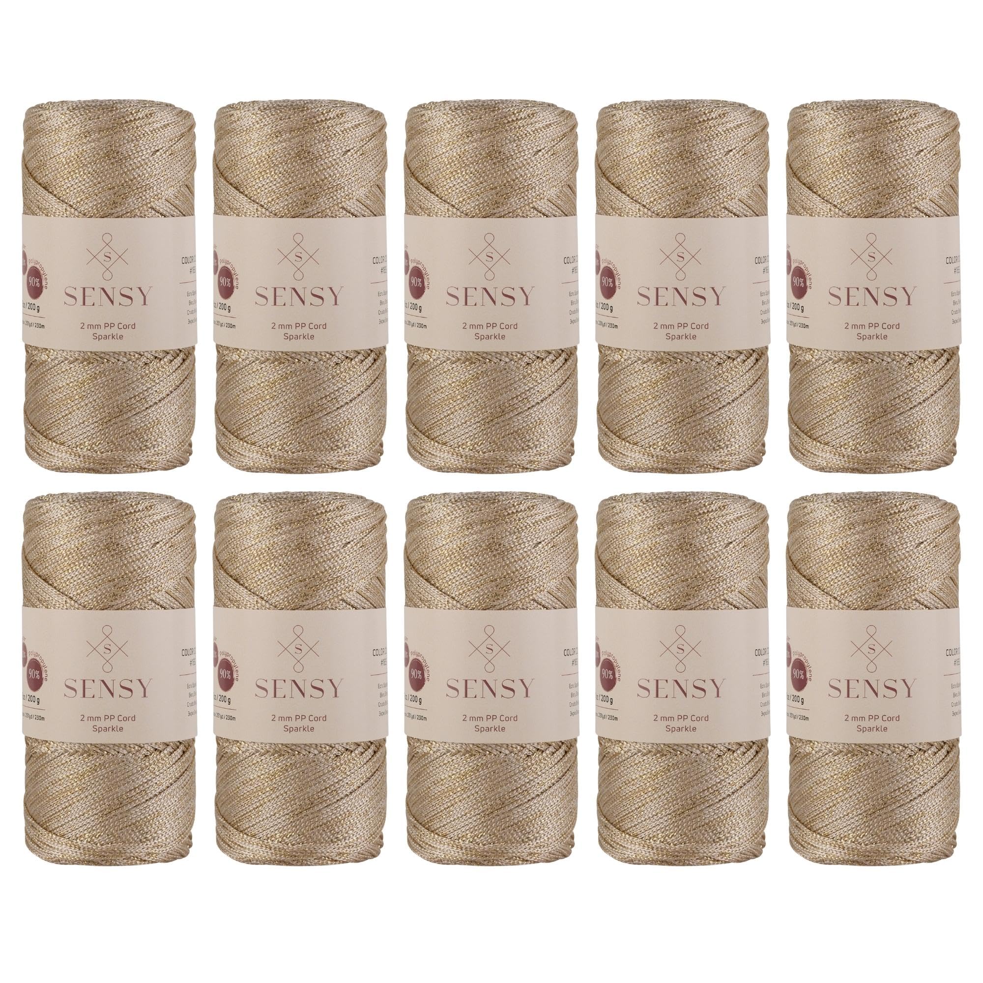10 Skeins of Sensy Premium 2mm 251 Yards Sparkle Polyester Rope 90% Polypropylene 10% Polyester Cord Macrame Cord 2mm Crochet Bag Cord Macrame Rope Crochet Thread for Knitter (Ecru Sparkle)