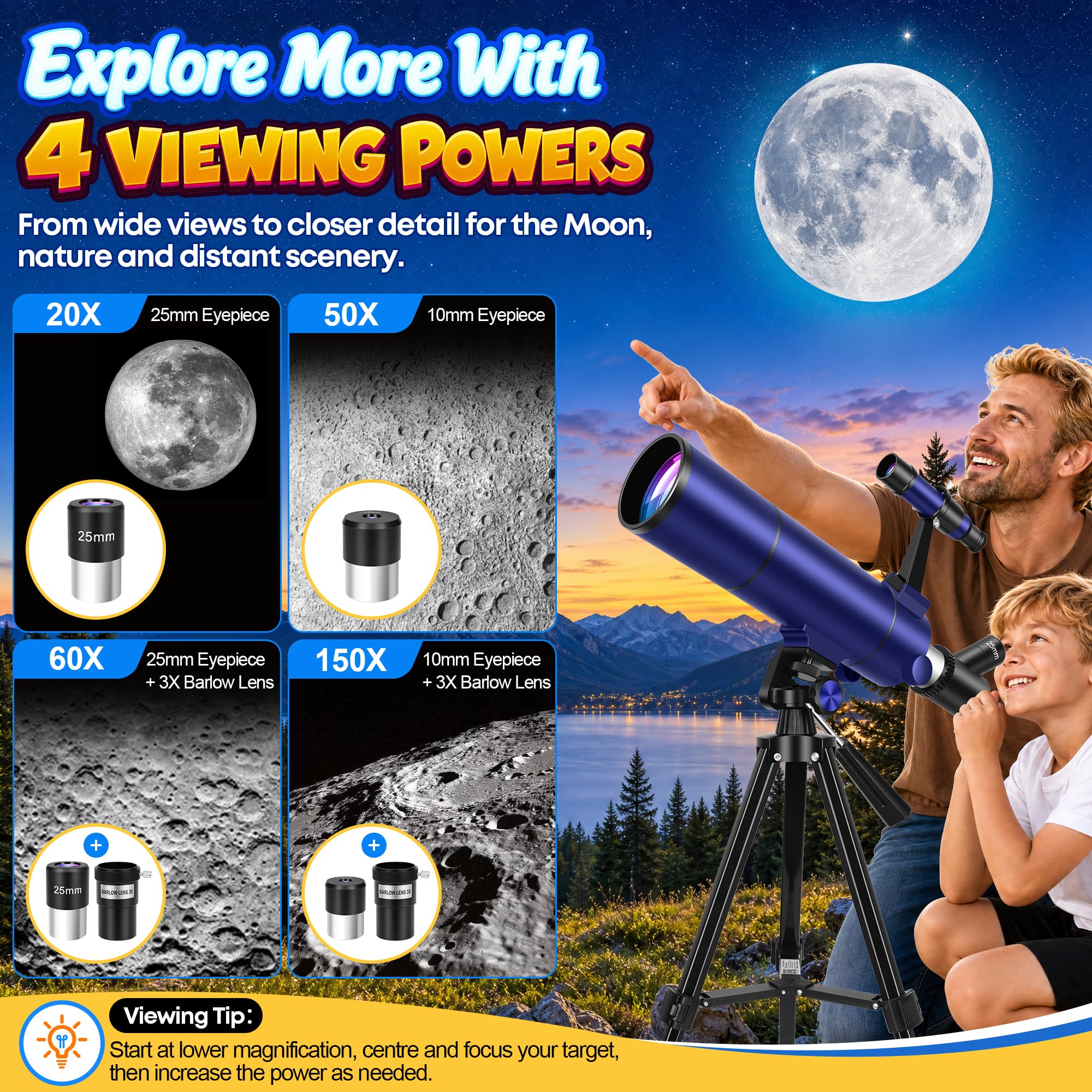MEEZAA Télescope Astronomique pour Adultes Enfants et Débutants, 80mm Ouverture 500mm Portable Télescope Réfracteur 20X–150X avec Tente Pop-Up, Trépied, Adaptateur Smartphone, Sac à Dos & Autocollants