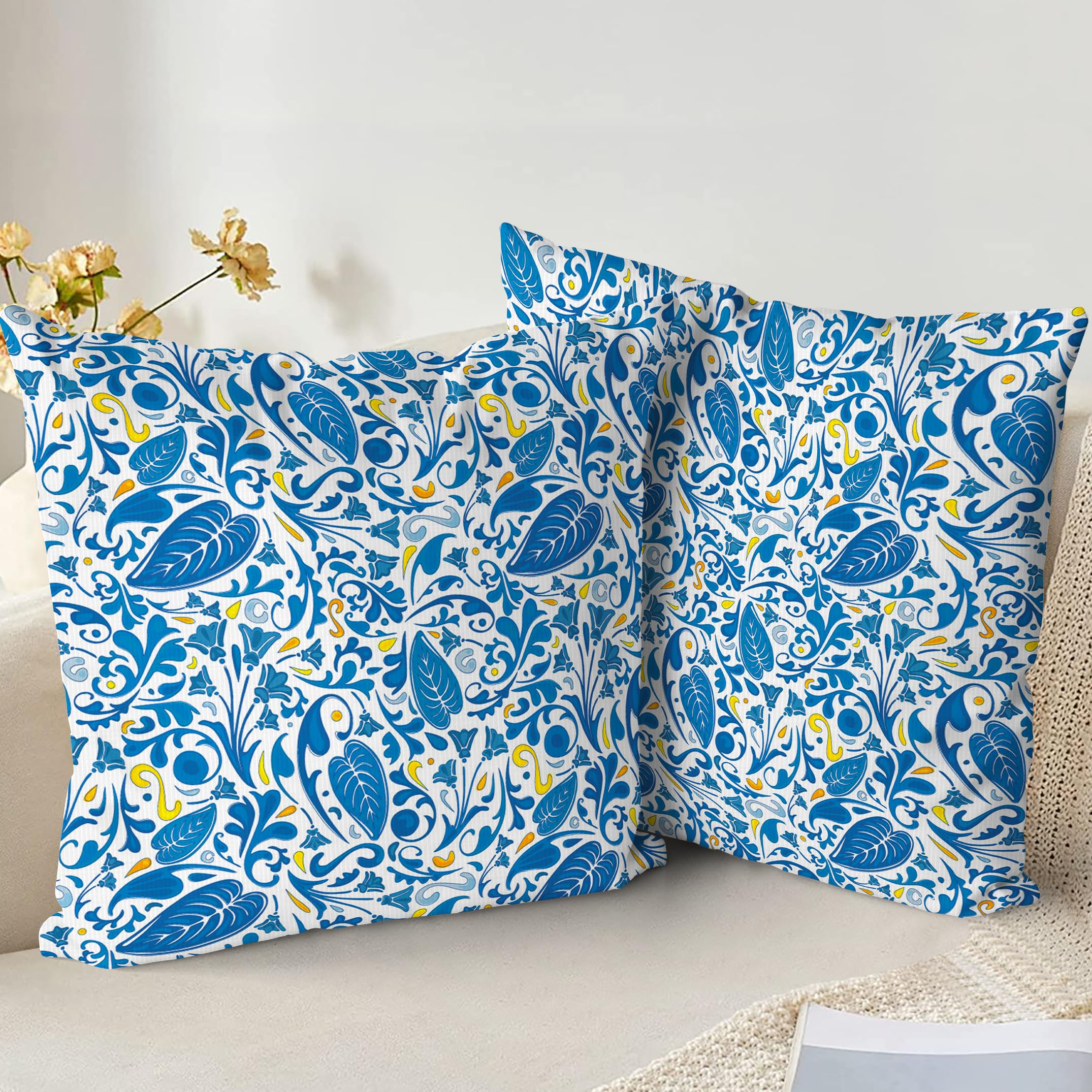 XPHZZL Cushion Covers Set of 2 Pack 45 x 45 cm Soft Vintage Floral Decorative Throw Pillow Cases Boho Pillow Cover for Sofa Bed Garden Outdoor Spring Decor Flower Plant with Invisible Zipper - Blue