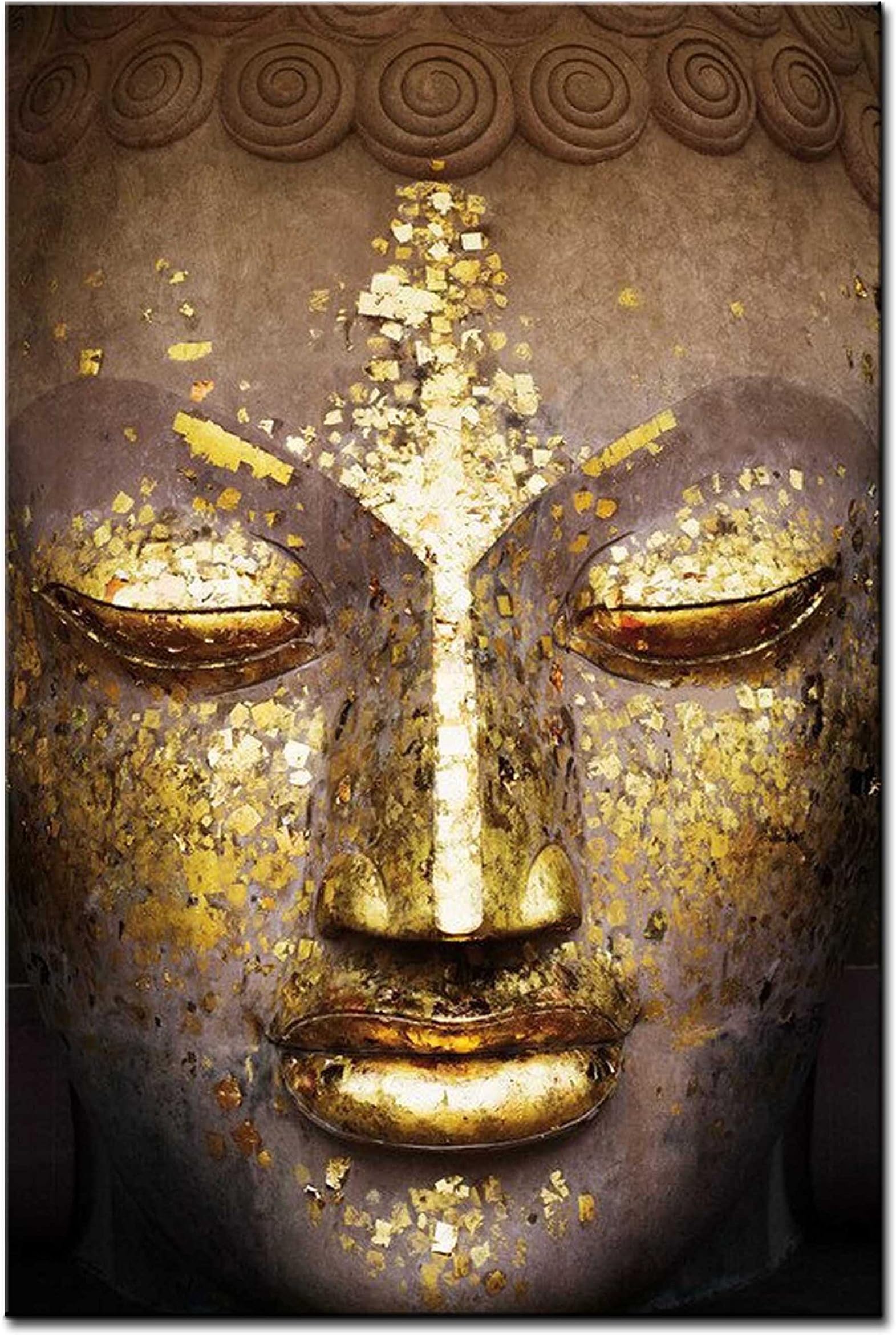 Zen Still Life Paintings Wall Art Gold-plated Statue of the Buddha's Face Picture Print on Canvas for Modern Home Decoration