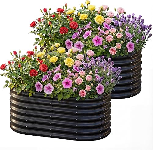 AHEONLAR Camas de jardín elevadas galvanizadas para exteriores, paquete de 2 macetas ovaladas de 4 x 2 x 2 pies, resistentes y duraderas para