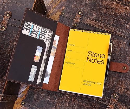 Miniatura 7 de Robrasim Funda de cuero para cuaderno Steno de 6 x 9 pulgadas, funda de cuero compatible con almohadillas Steno en espiral de 6 x 9, organizador de