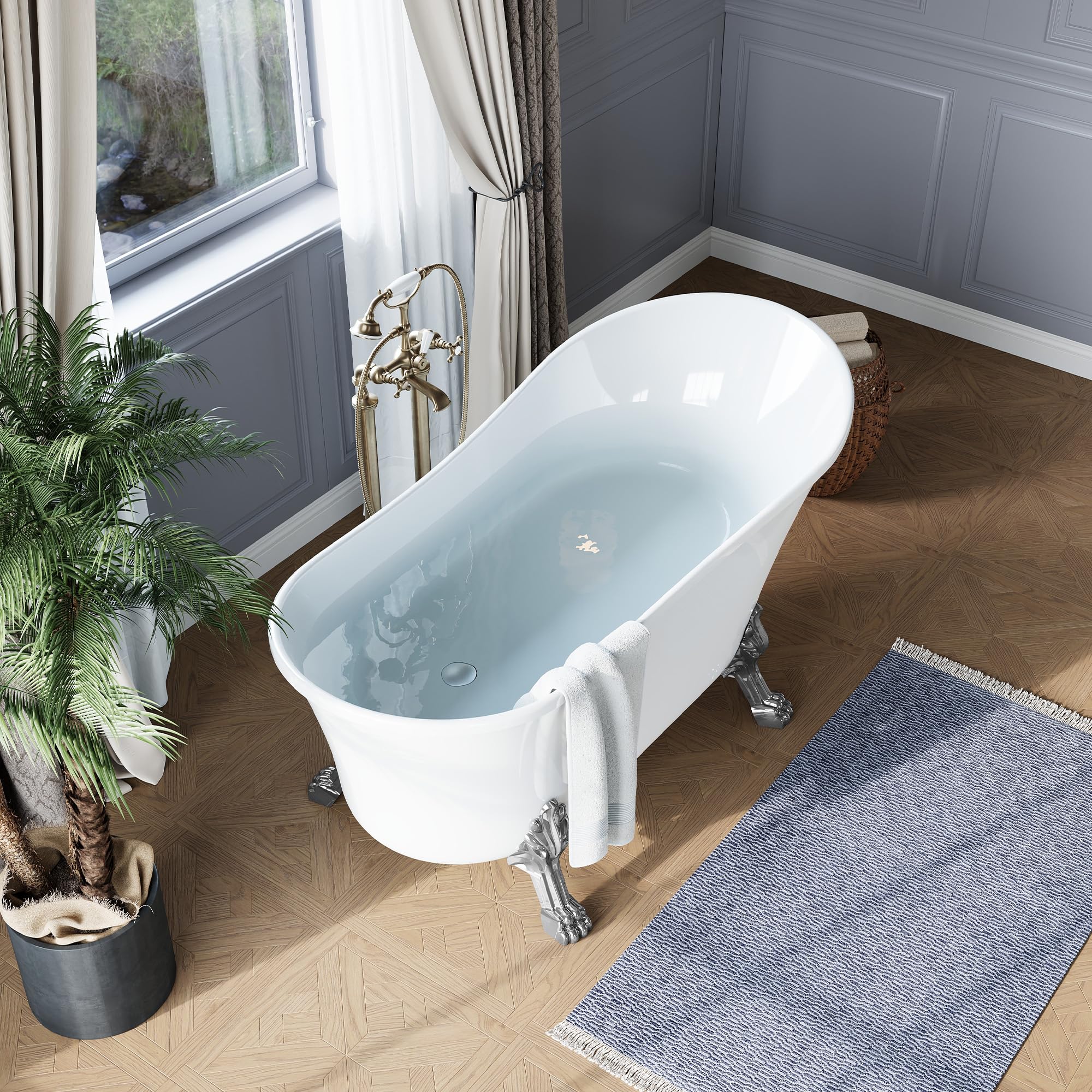 GarveeLife Freestanding Slipper Clawfoot Bathtub 59 inch – Heavy Duty Acrylic Soaking Tub with Chrome Feet, Drain &amp; Overflow, Elegant Vintage Design for Relaxing Home Spa and Bathroom Remodels