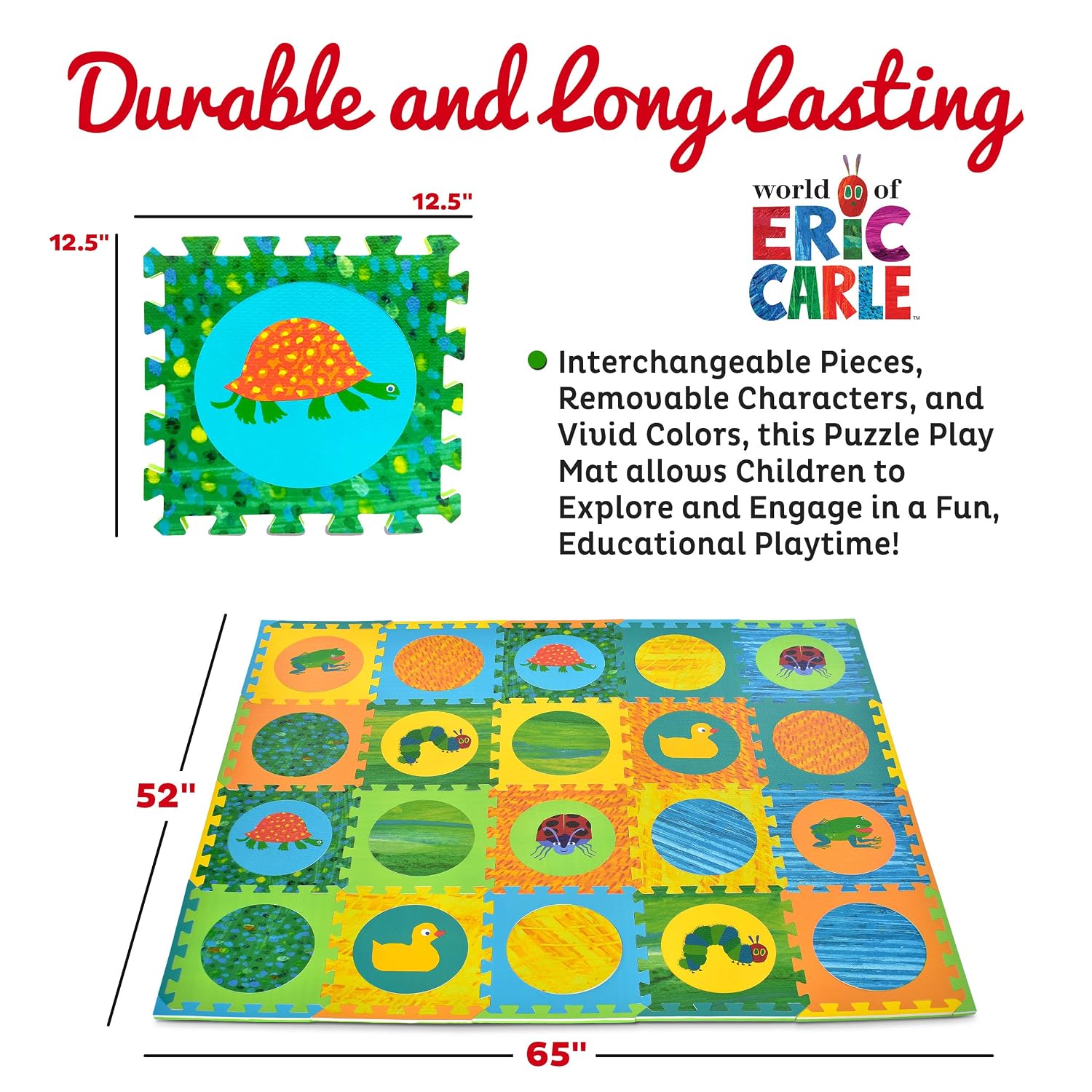 Eric Carle Interlocking Baby Play Mat, Very Hungry Caterpillar Foam Floor Tiles for Infants and Children, 52" x 65"