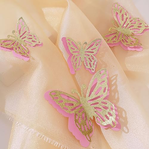 Miniatura 8 de Juego de 5 mariposas 3D de 3 tamaños: mariposa dorada con purpurina y rosa de doble capa, mariposa para baby shower, decoración de pastel de