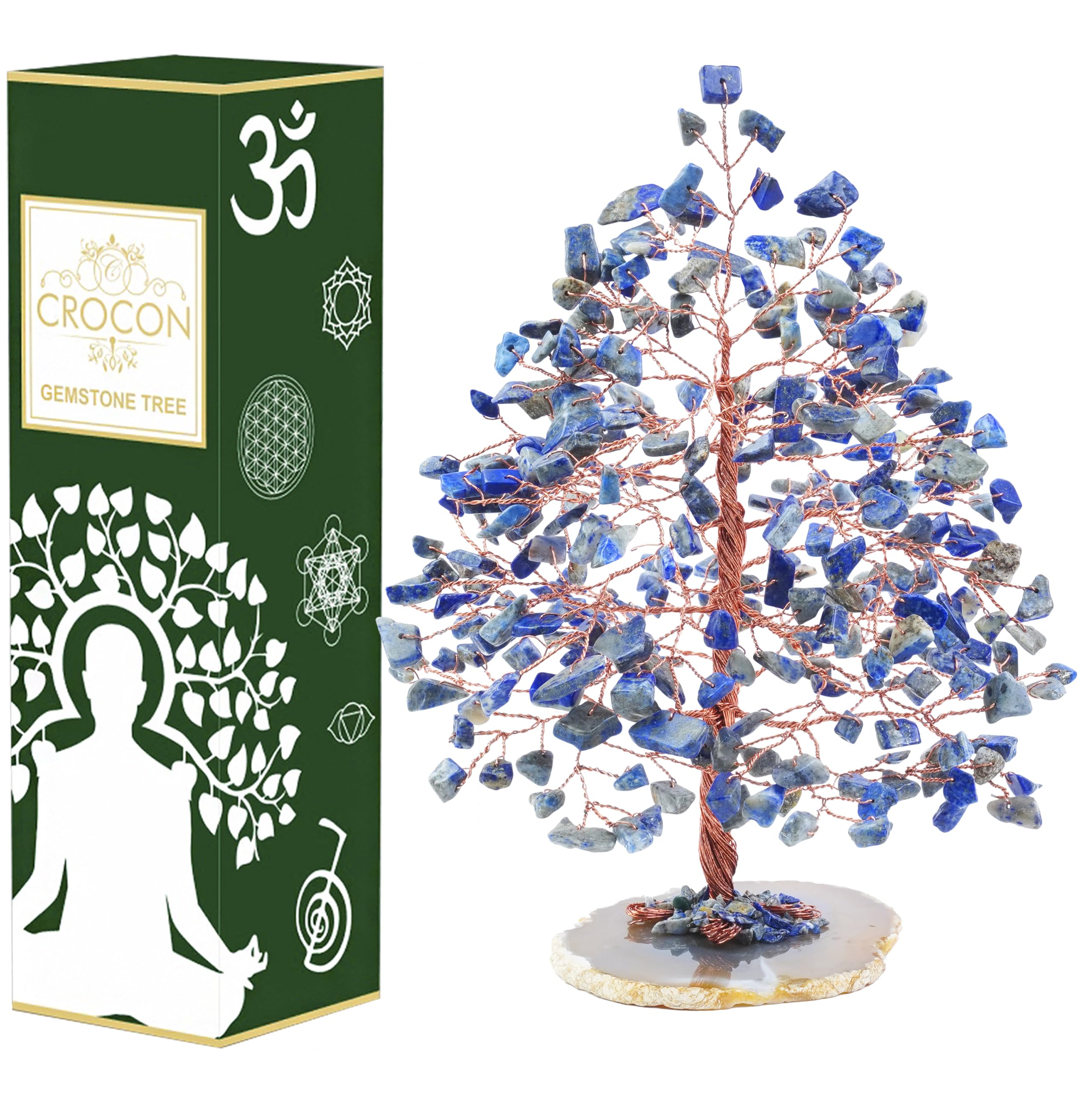 Crocon® Lapis Lazuli Gemstone Tree Of Life, Geode Agate Slice Base, Crystal Tree for Positive Energy Handmade Chakra Tree