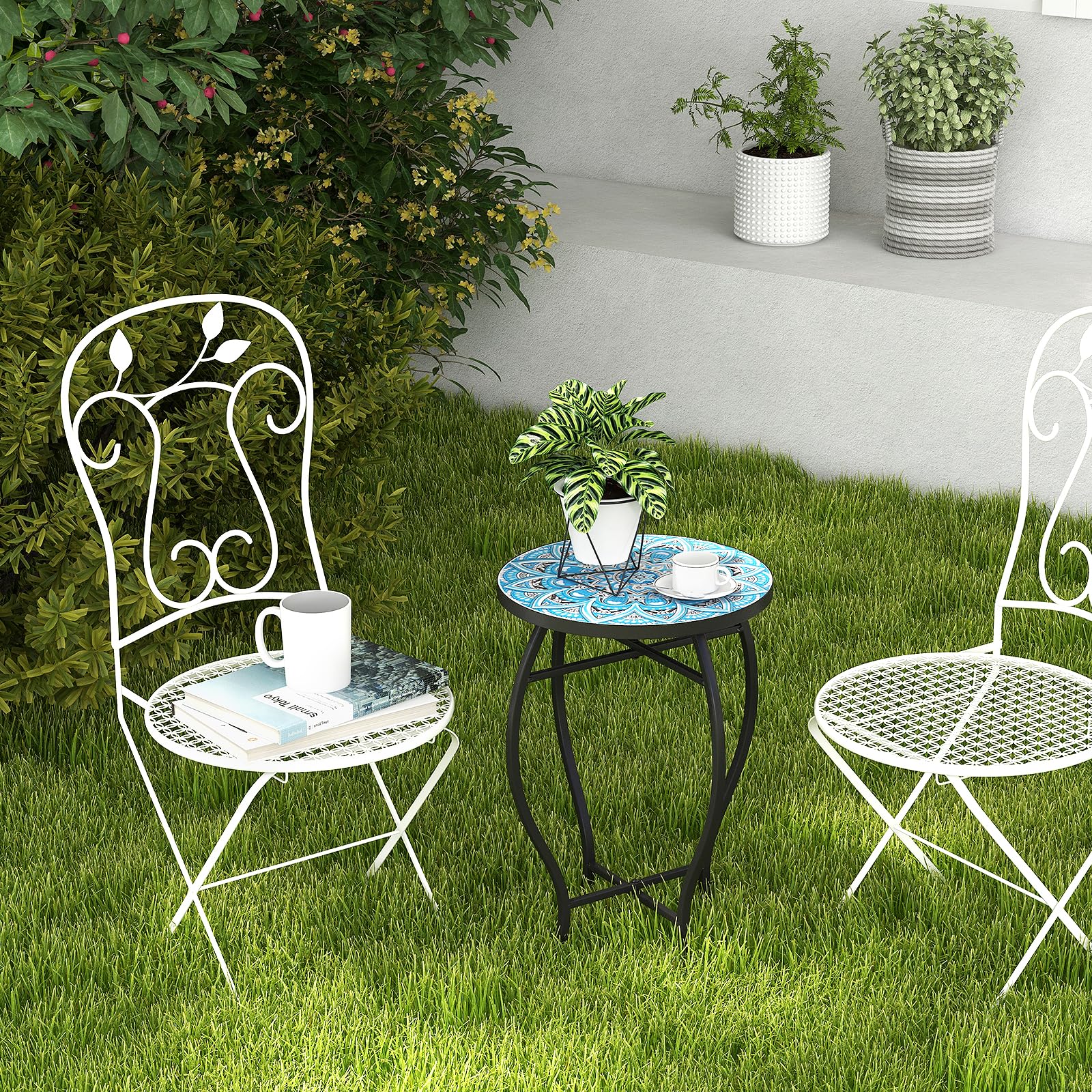 RELAX4LIFE Mosaik Beistelltisch, Gartentisch Rund, Mosaiktisch ∅35 x 54,5, Bistrotisch aus Metall Keramik, Blumenhocker Klein, Balkontisch für Balkon Terrasse Garten (Blau) Garten