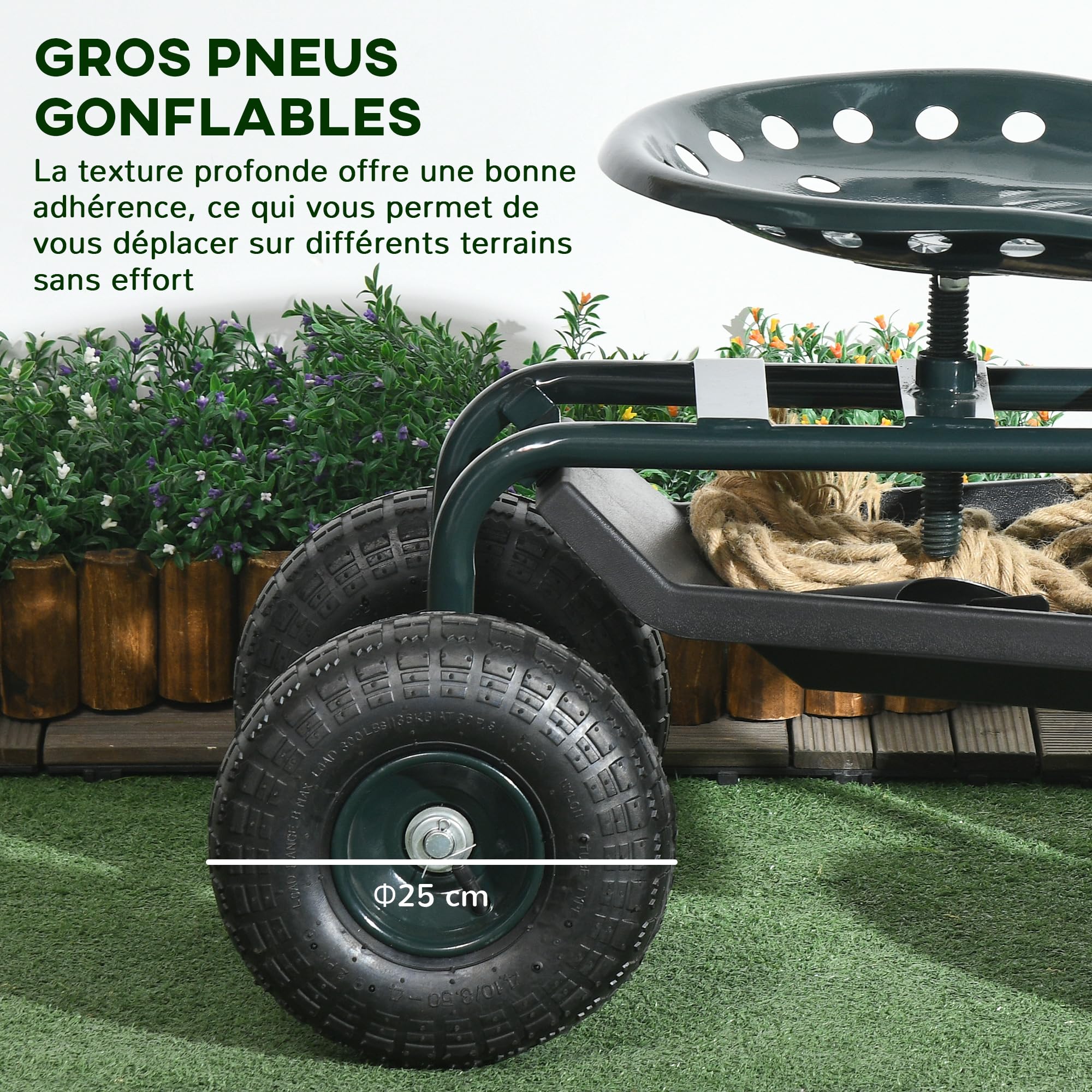 Outsunny Siège de Jardin Pivotant à 360° Plateau à Outils Max. 150 Kg Vert | Siège de Travail, Chaise Roulante, Réglable en Hauteur, Tabouret à Roulettes