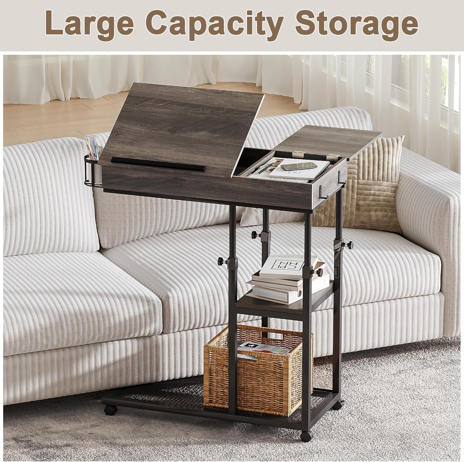 ChooChoo Overbed Table Adjustable Height, Mobile Laptop C Shaped Rolling Desk, Bedroom Living Room Couch Table Grey