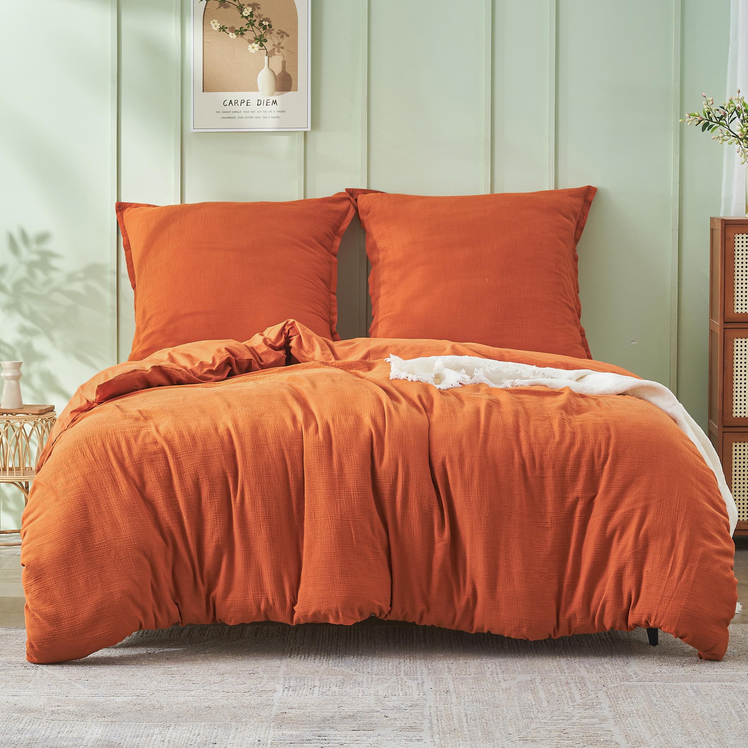Simple&Opulence Ropa de Cama de Muselina de algodón, Juegos de Cama Extra Suaves y Transpirables, Funda nórdica Oeko-Tex con Cremallera y 1 Funda de Almohada 80x80cm, Naranja Quemado, 155×220cm