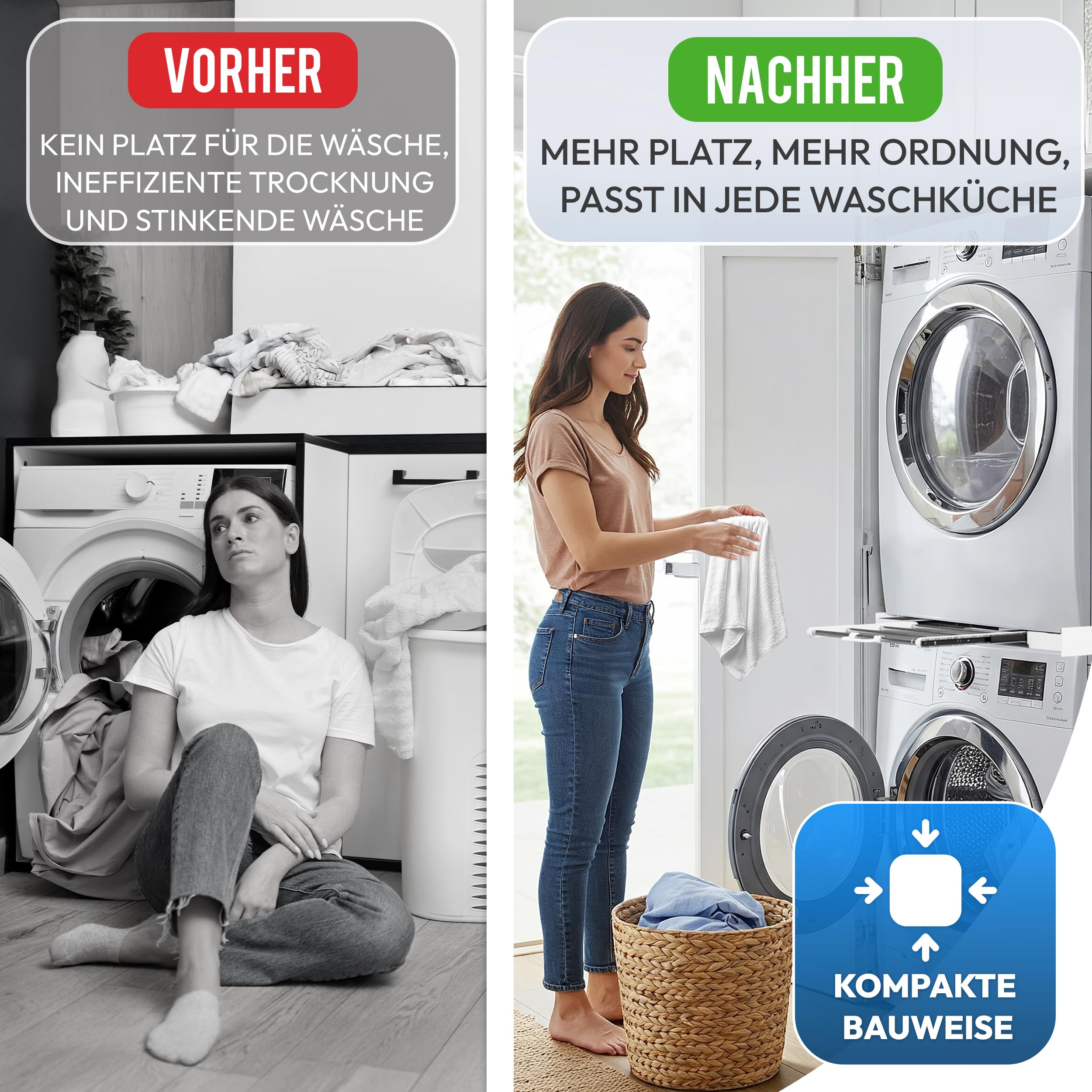 Zwischenbaurahmen mit Wäscheleine, verbindungsrahmen waschmaschine trockner universal - Einstellbare Größe -Verbindungsrahmen Zwischenbausatz mit ausziehbarer Handtuchhalter