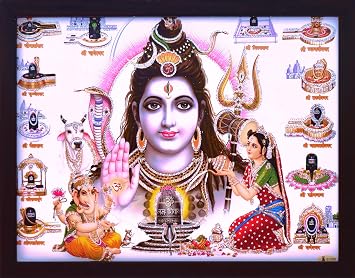 Shiva with with 12 Jyotirlinga and Ganesha and parvati worshiping him, A Hindu Religious poster with framing, must for every home for auspicious and peace & Religious Shiva with with 12 Jyotirlinga