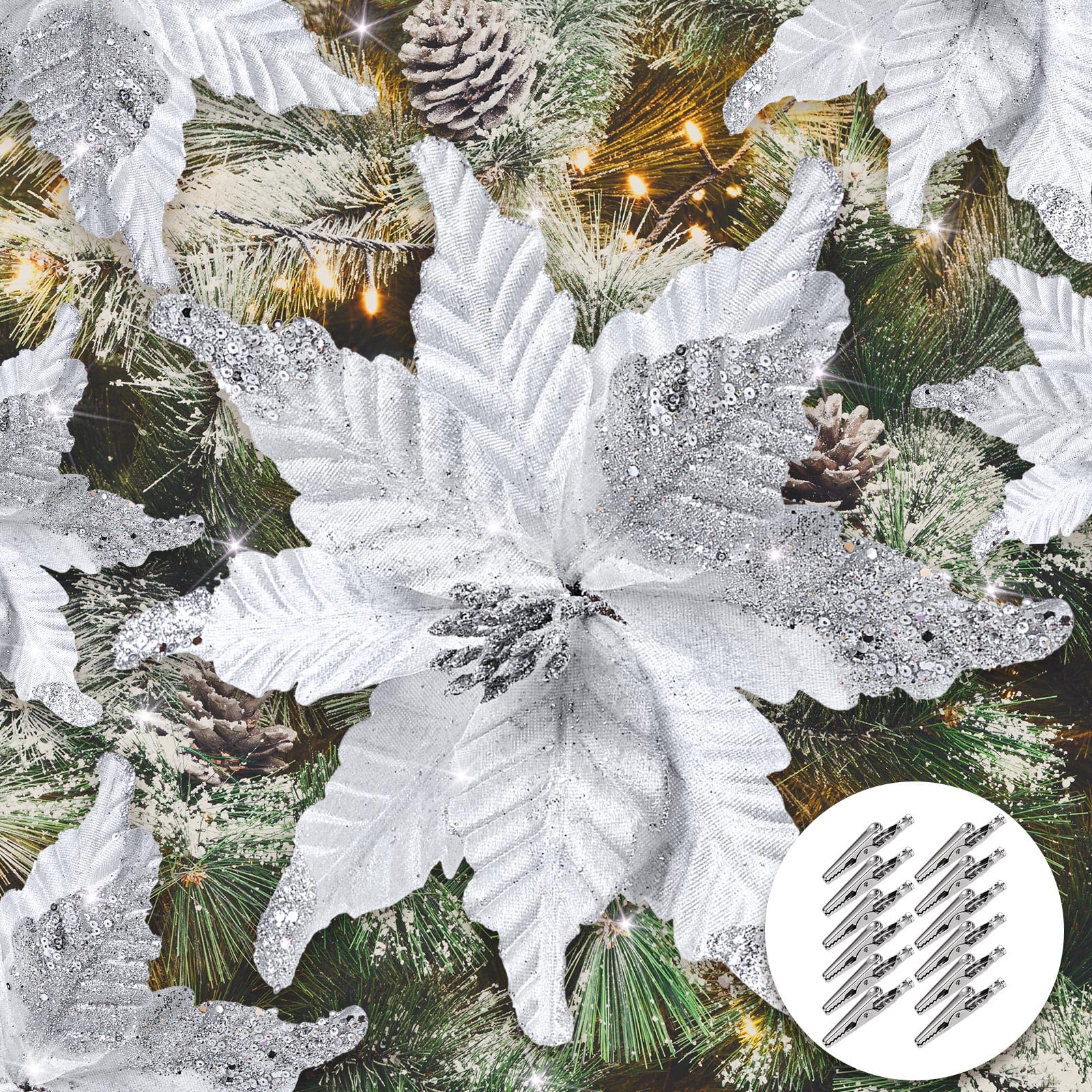 12 Stück Weihnachtssterne aus Glitzerstoff, 25,4 cm, künstliche Weihnachtsblume mit Clips, großer Kopf, Weihnachtsbaumschmuck, künstliche Weihnachtsblume mit Stielen für Hochzeit, Party (weiß)