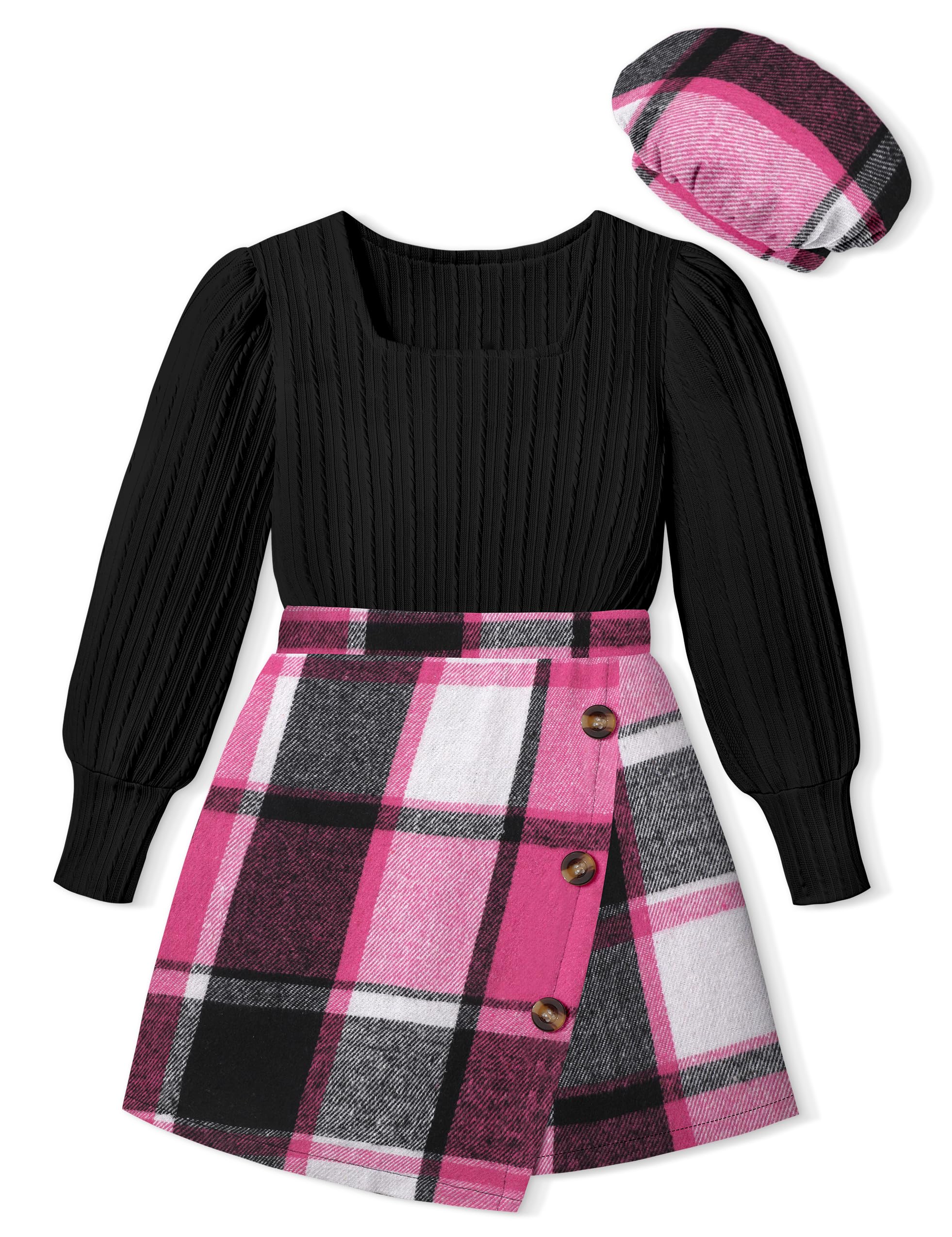 AGAPENG Girl Skirt Sets 3 Piece Outfits Square Neck Jacquard Puff Sleeve Tops Plaid Mini Skirt Shorts Fall Winter Clothes