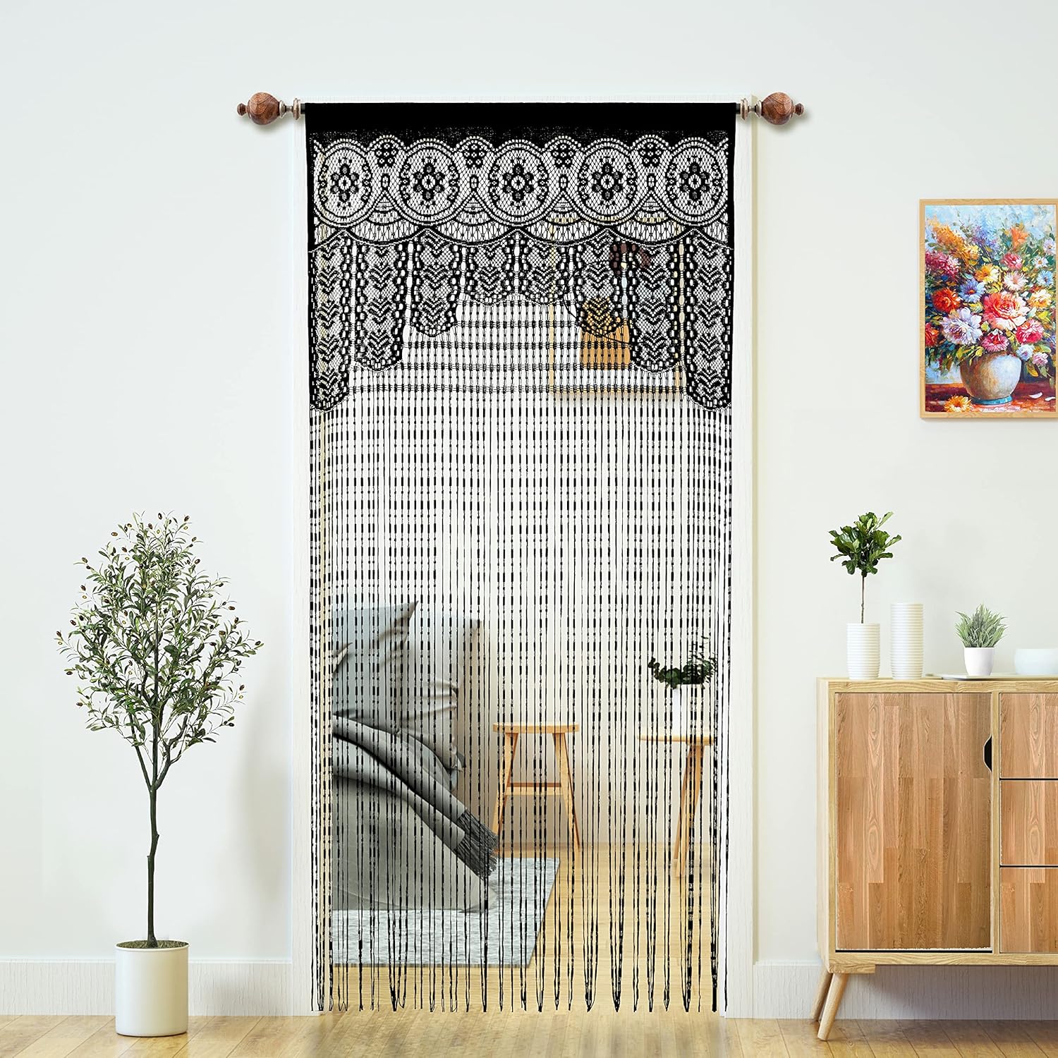 YaoYue Macrame Lace Door String Curtain for Doorways,Room Divider Doorway Hippie Window Panel Room Divider Wall Closet Curtains for Bedroom Closet Door Drapes Decorations (35×79in/90×200cm,Black)