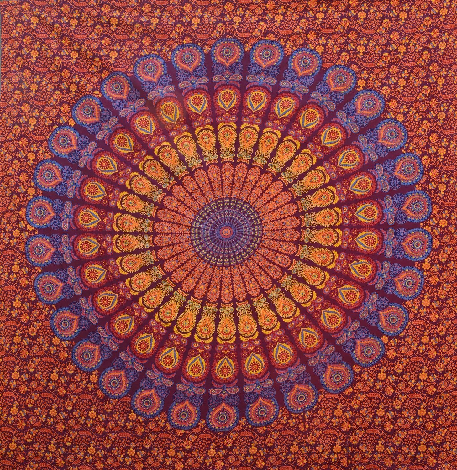 Popular Handicrafts Tapestry Wall Hanging Hippie Mandala Bohemian Hippy Psychedelic Intricate Floral Design Indian Tapestries Bedspread 90 x 108 Inches (230cm x 270cm) Maroon Yellow