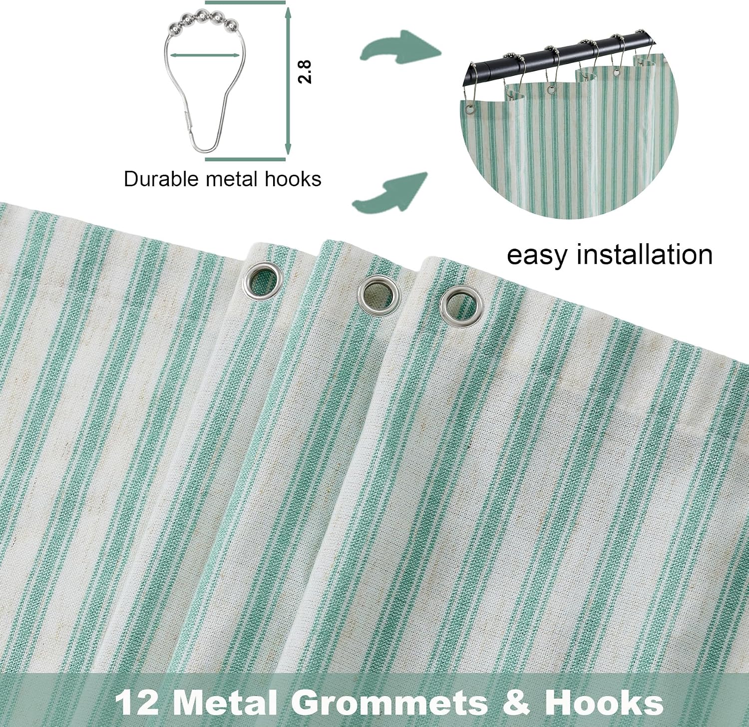 PROCIDA Green Striped Shower Curtain-Ticking Striped, 72x72 Inch Yarn Dyed Linen Blend Cloth Fabric Bathroom Curtain with 12 Metal Hooks, Bath Curtain for Modern Farmhouse Bathrooms