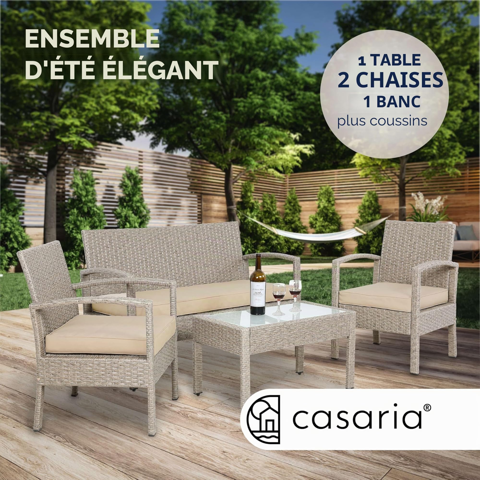 Casaria® Salon de Jardin en Polyrotin Crème 4 Personnes 2 chaises 1 Banc Meubles d'extérieur Jardin terrasse Balcon résistant intempéries