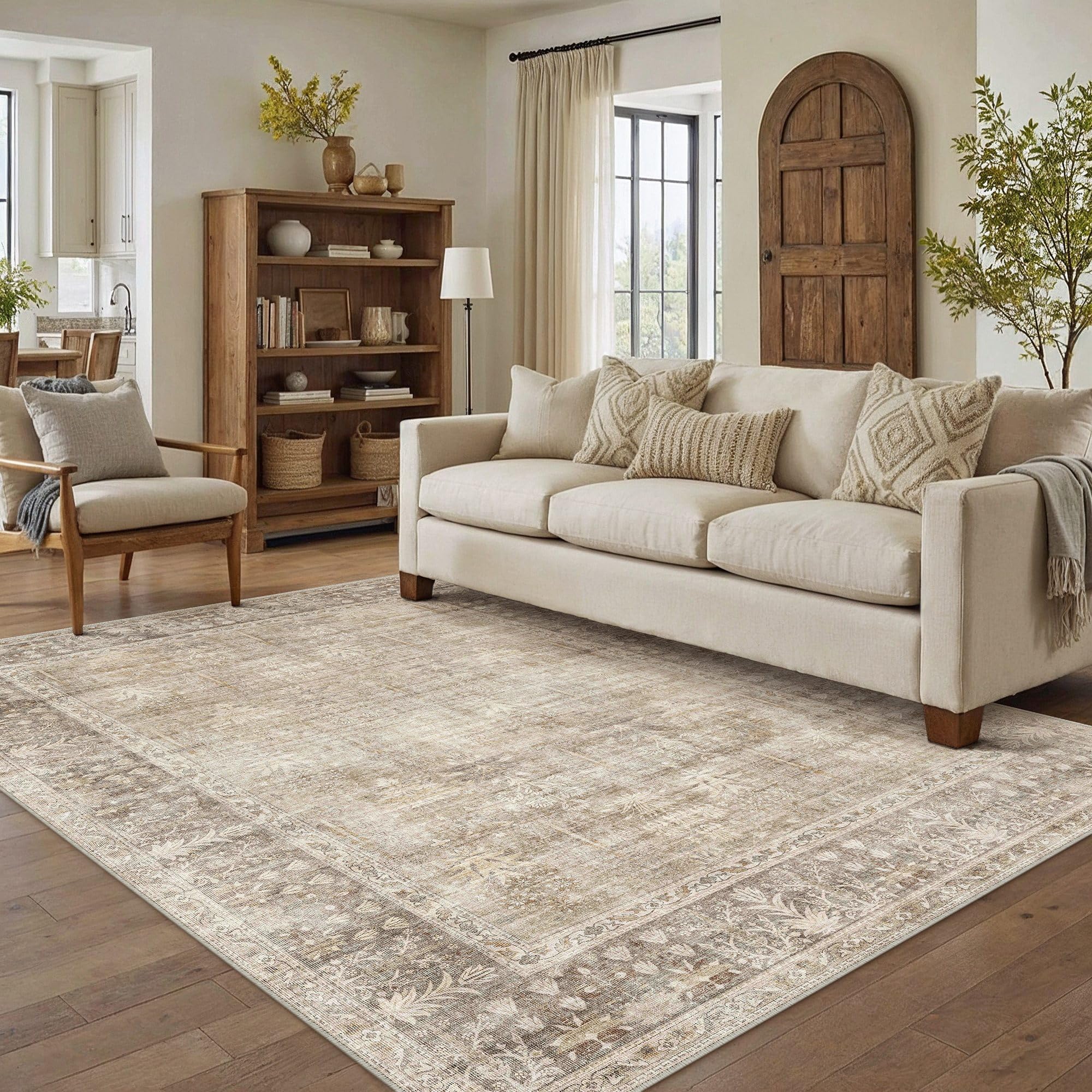 hugear retro 5x7 washable area rugs beige living room bedroom rug vintage distressed throw carpet neutral stain resistant non slip & shedding low pile for home aesthetic decor