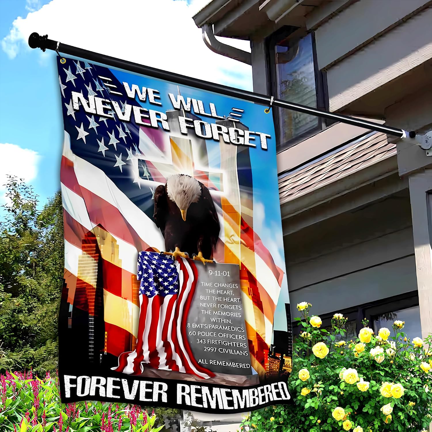911 Never Forget Flag 3x5 Ft Outdoor American Remember 9/11 American Patriot Day Polyester Double Sided Mirror Printing for Indoor House Banners Decor…