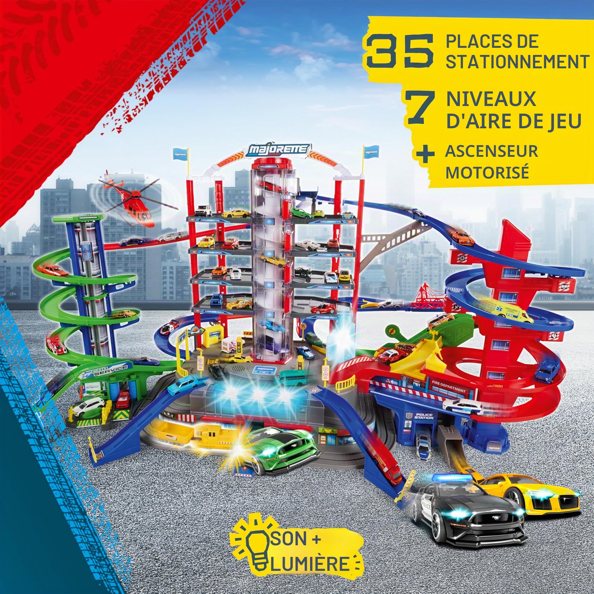 Majorette - Super City Garage - Train Motorisé - 7 Niveaux de Jeu avec 2 Ascenseurs Automatisés - Pompier + Police + Héliport - 35 Places de Parking - 6 Véhicules Inclus - 212059989